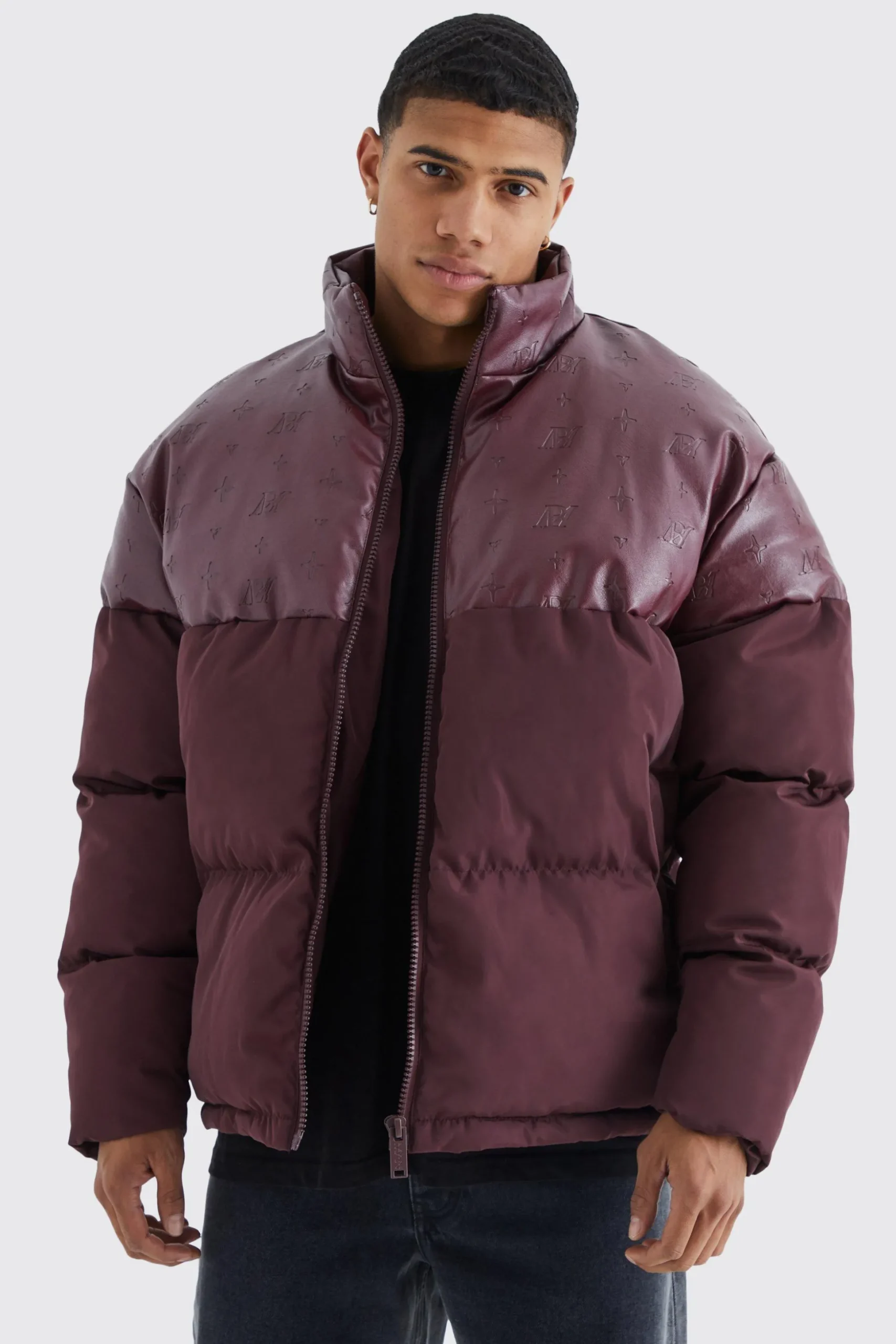 Oversized Embossed Pu & Nylon Puffer | BoohooMAN UK