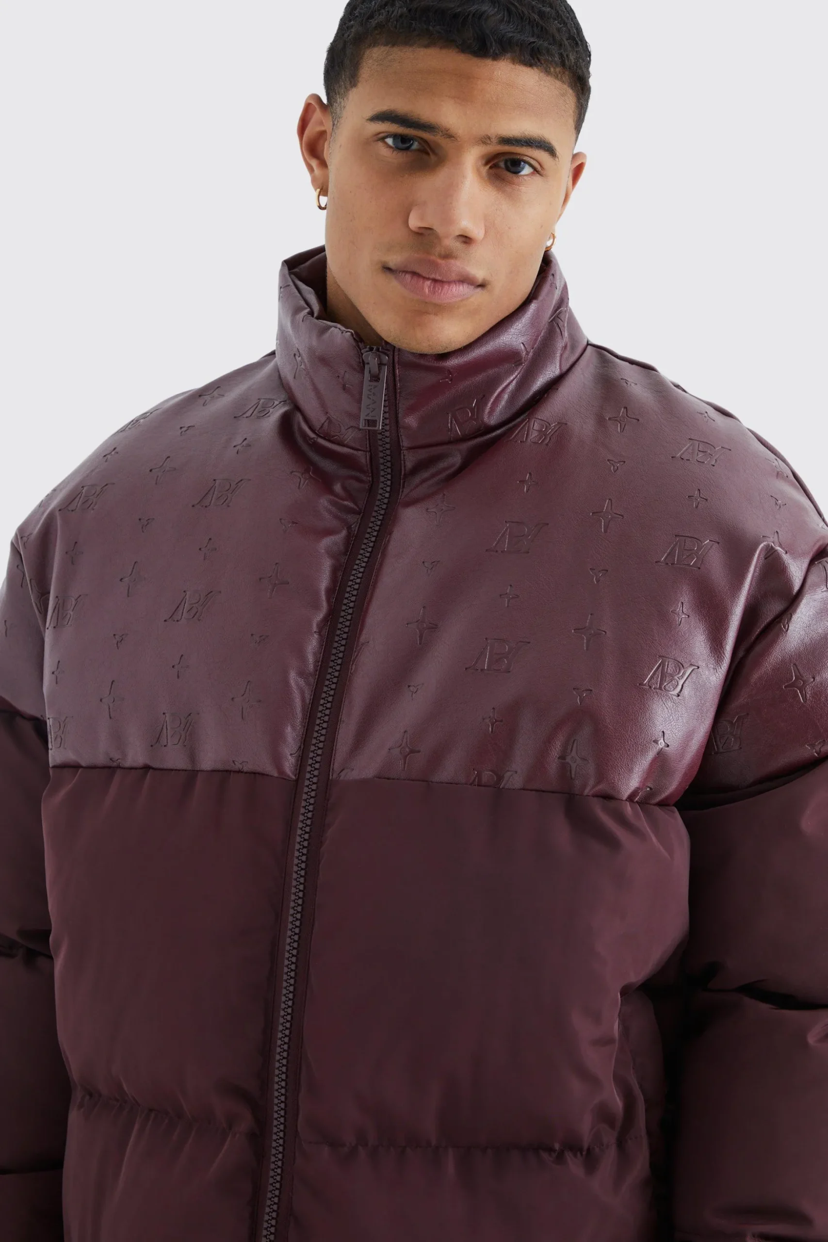 Oversized Embossed Pu & Nylon Puffer | BoohooMAN UK