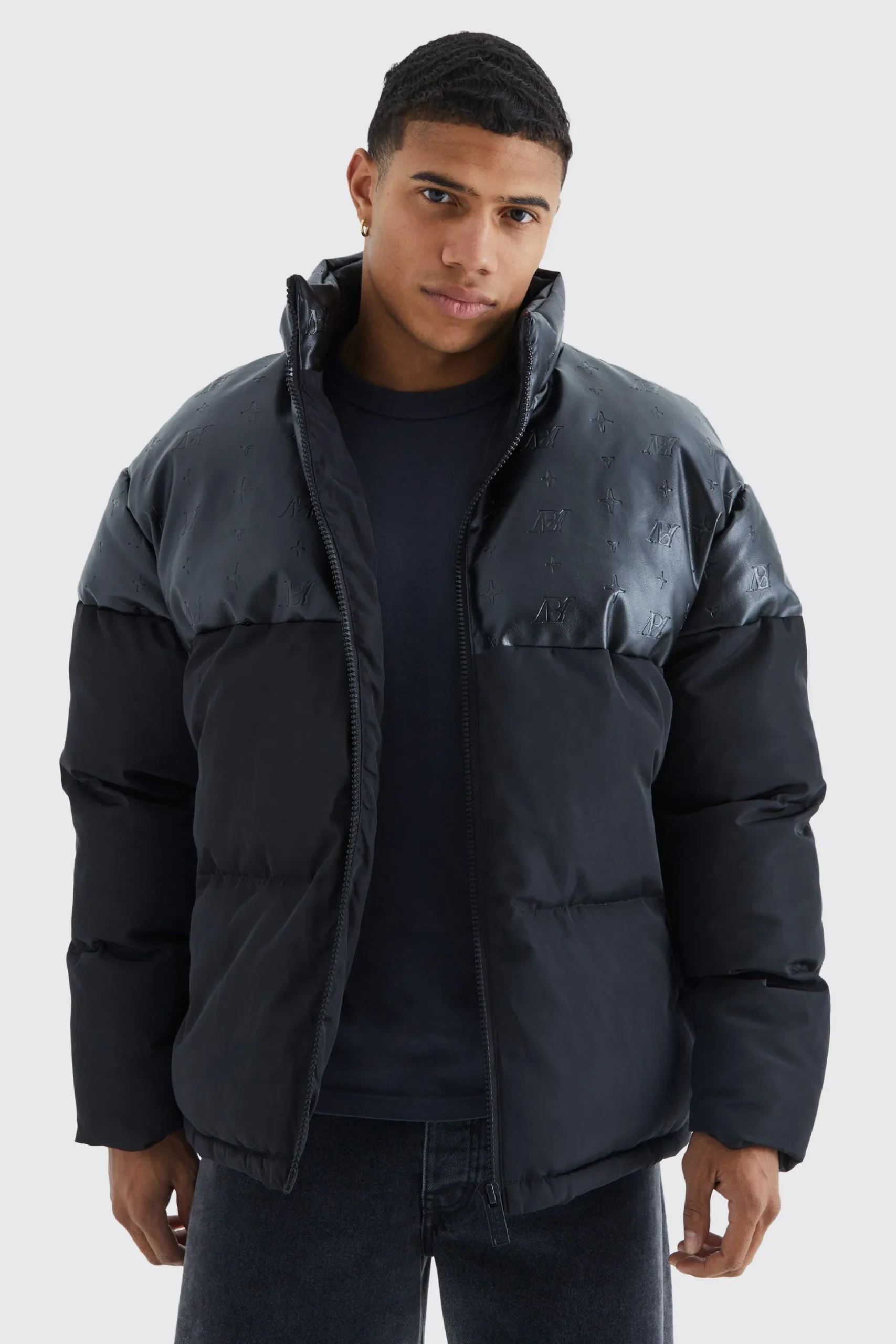 Oversized Embossed Pu & Nylon Puffer | BoohooMAN UK