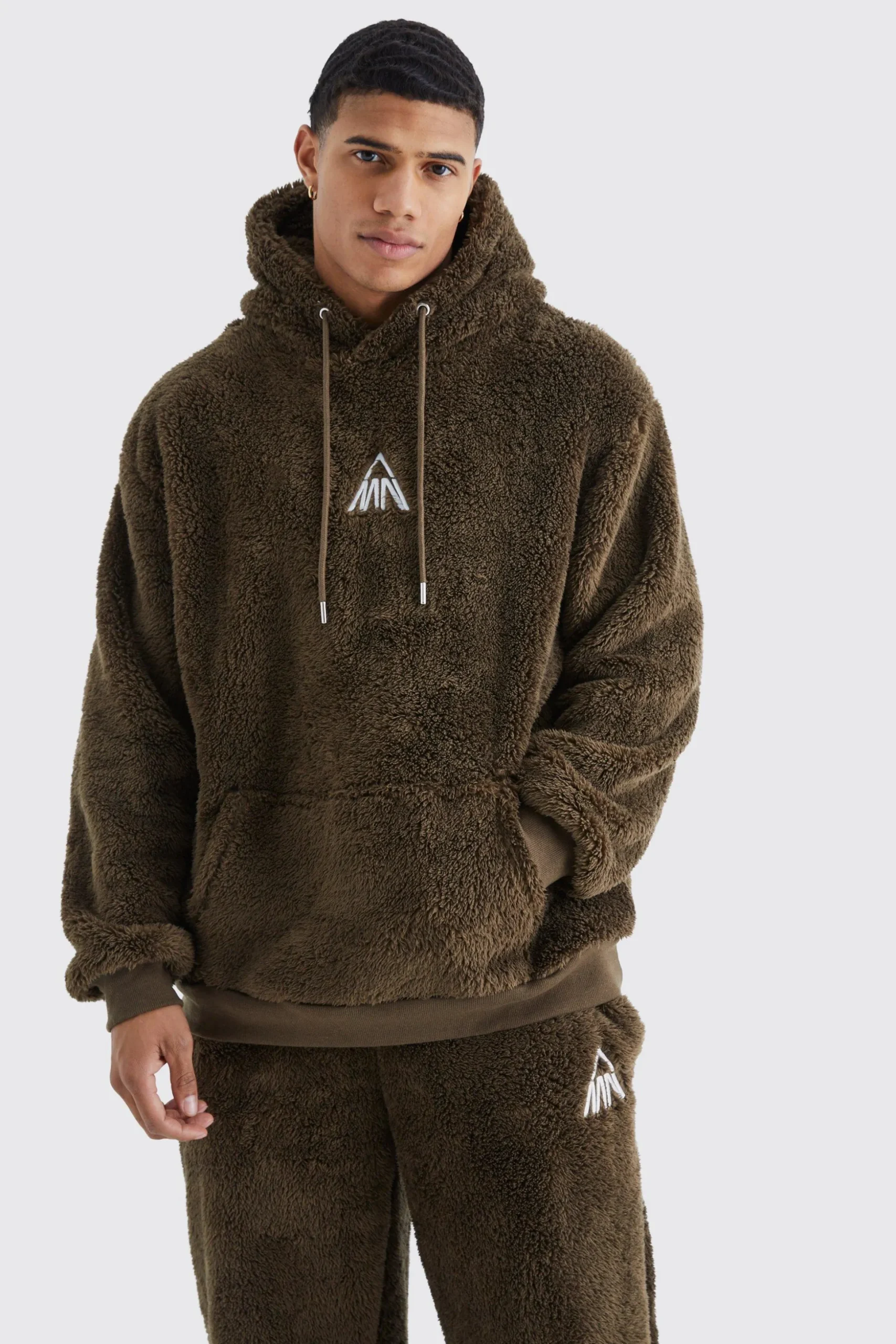 Oversized Embroidered Borg Hooded Tracksuit | BoohooMAN UK