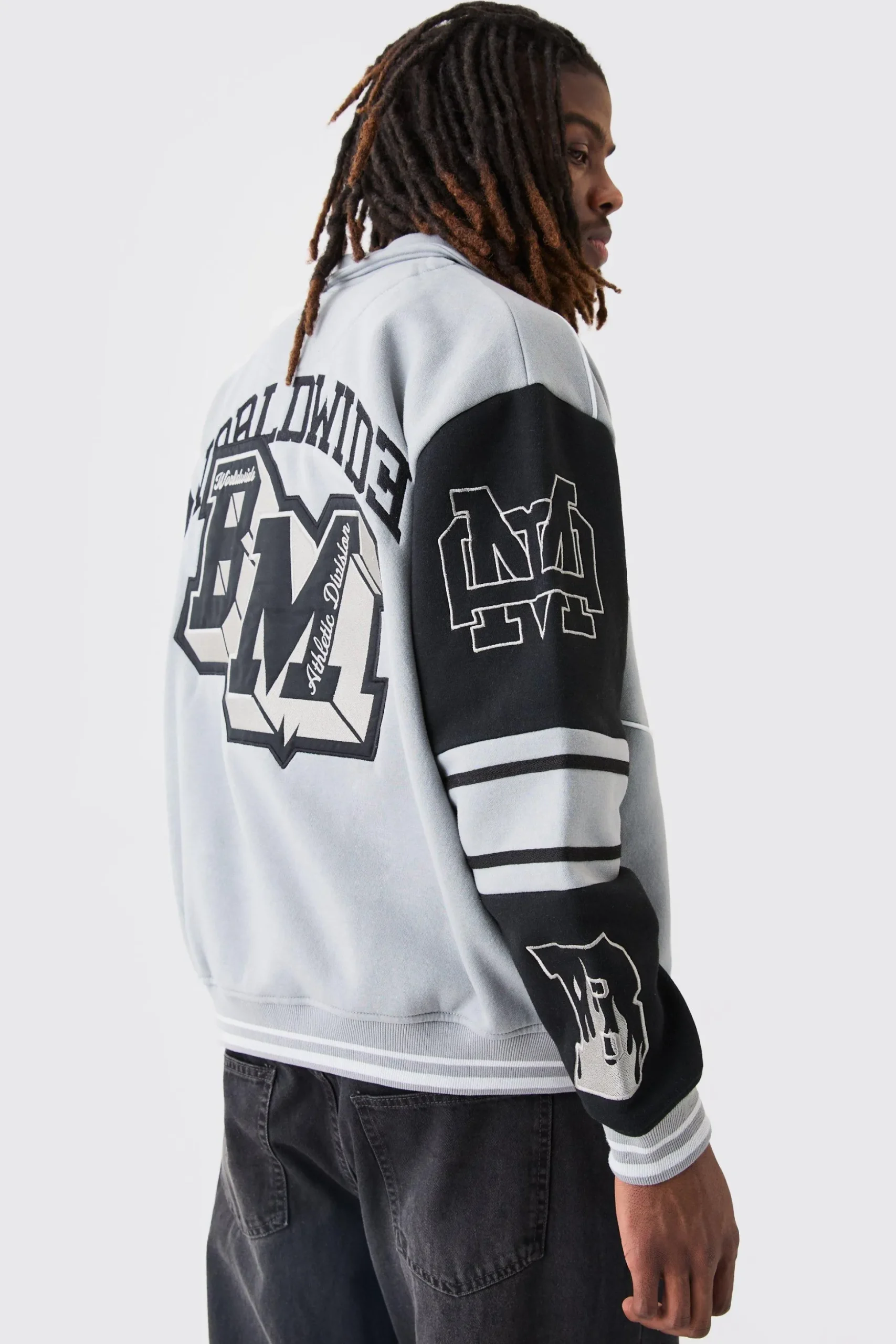 Oversized Embroidered Harrington Jersey Bomber Jacket | BoohooMAN UK