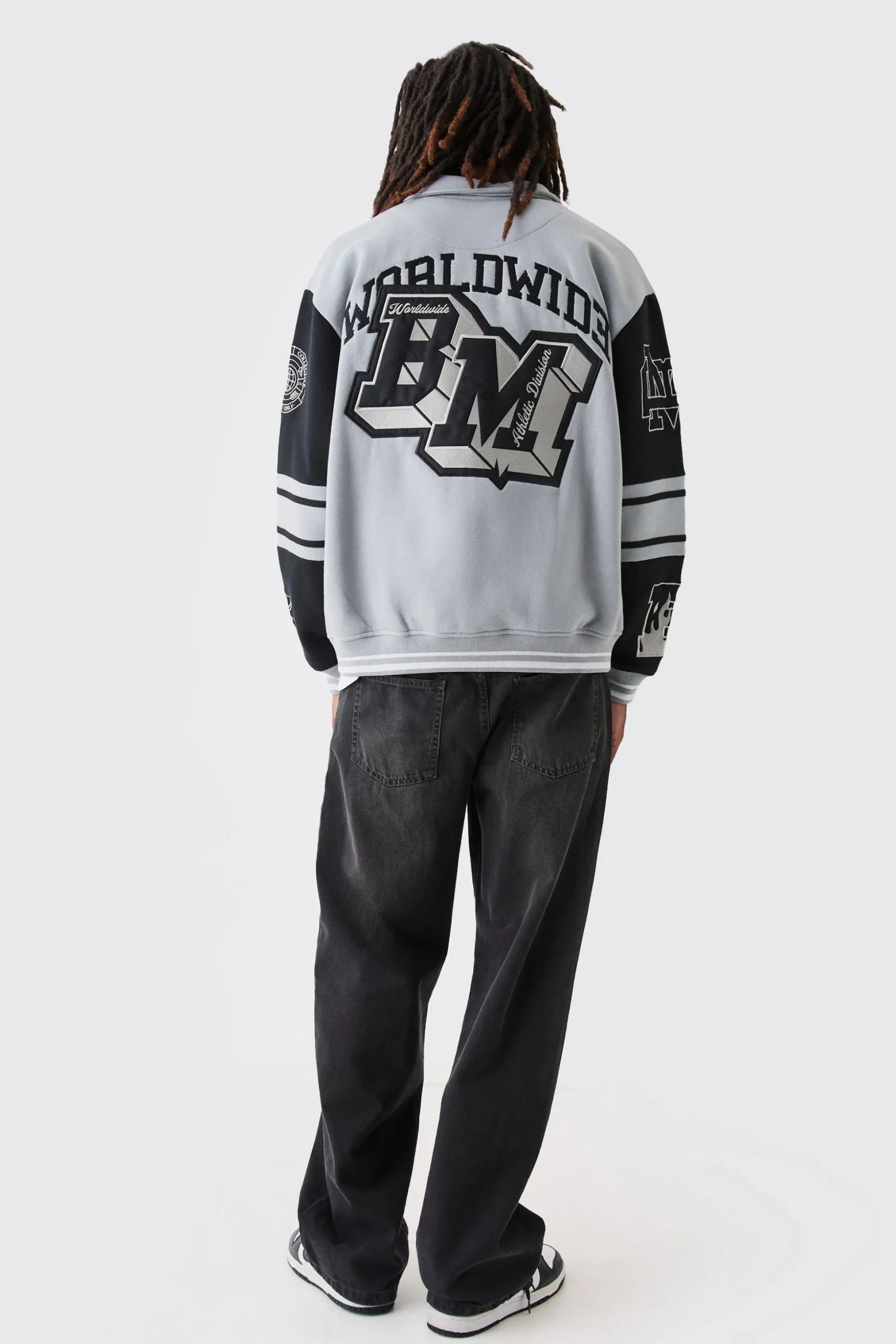 Oversized Embroidered Harrington Jersey Bomber Jacket | BoohooMAN UK