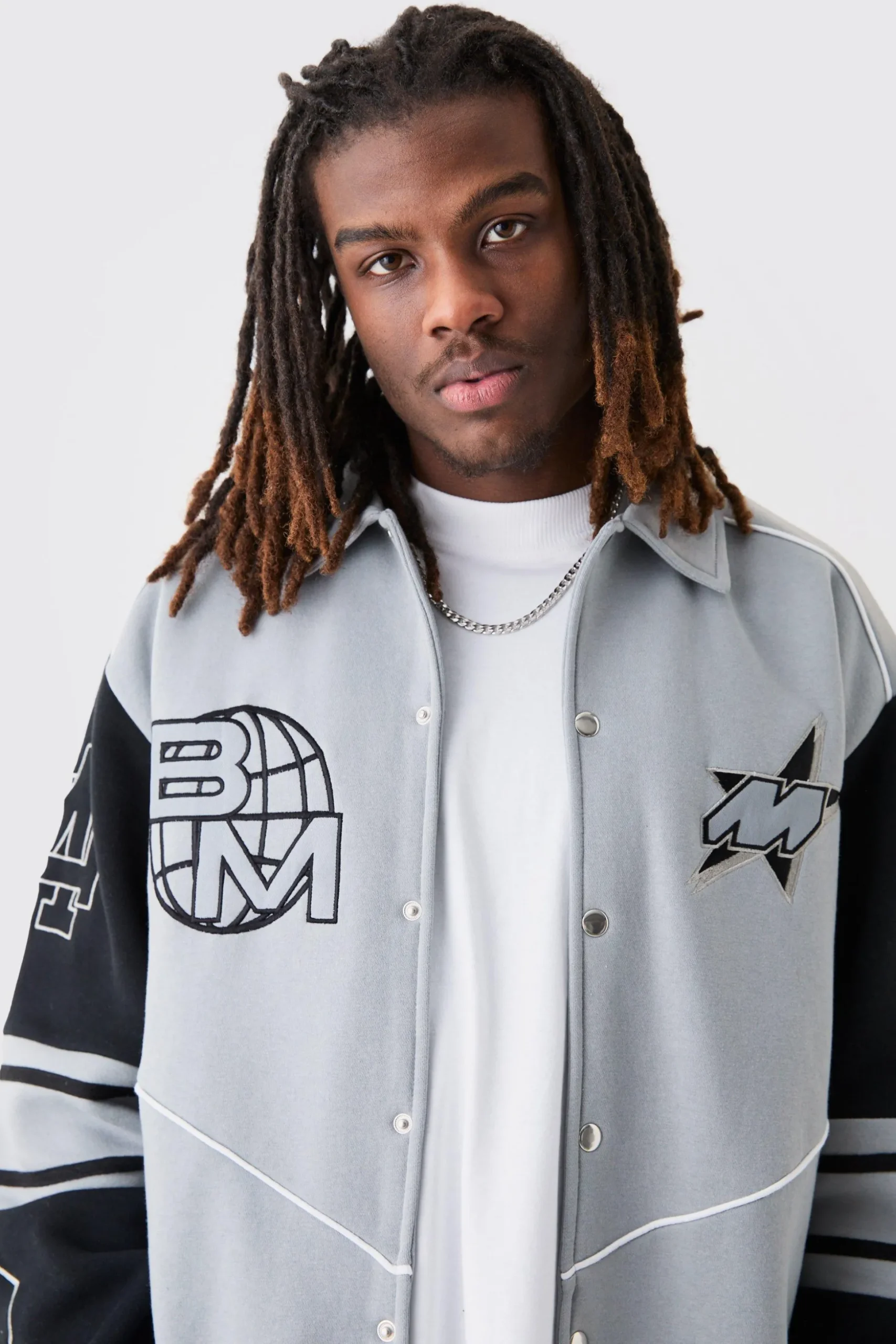 Oversized Embroidered Harrington Jersey Bomber Jacket | BoohooMAN UK