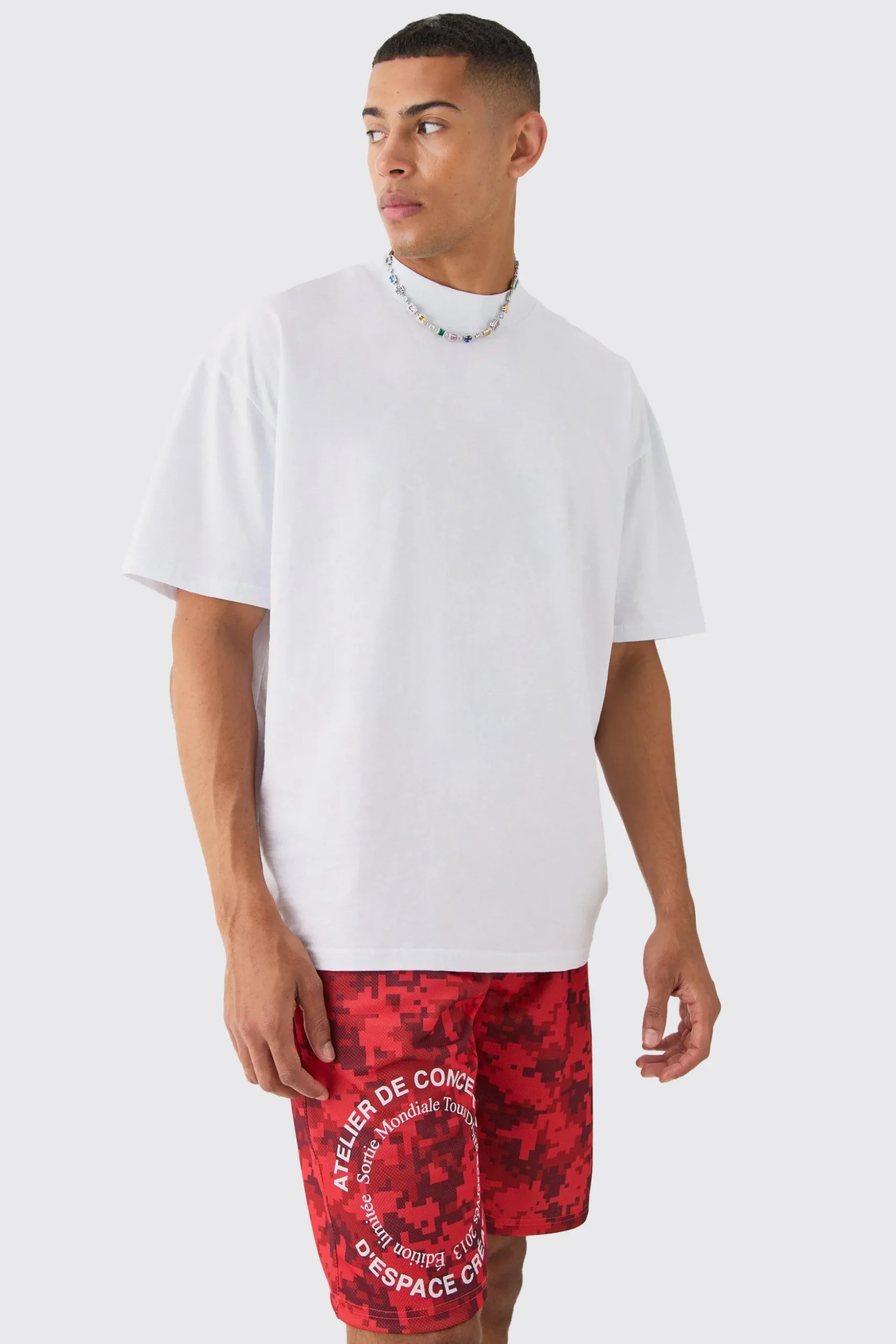 Oversized Extended Neck Circle T-shirt And Mesh Shorts Set | BoohooMAN UK