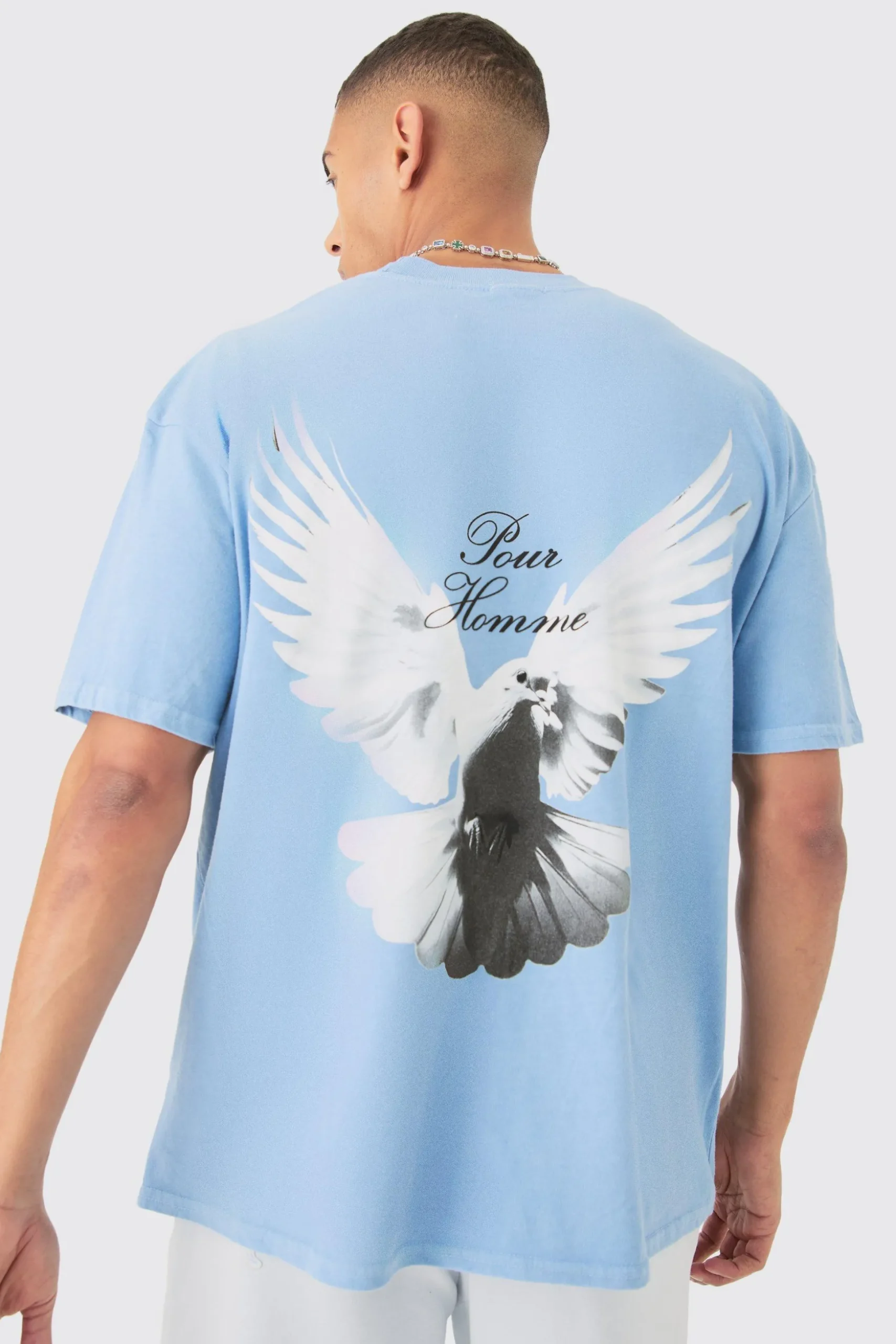 Oversized Extended Neck Dove Washed Back Print T-shirt | BoohooMAN UK