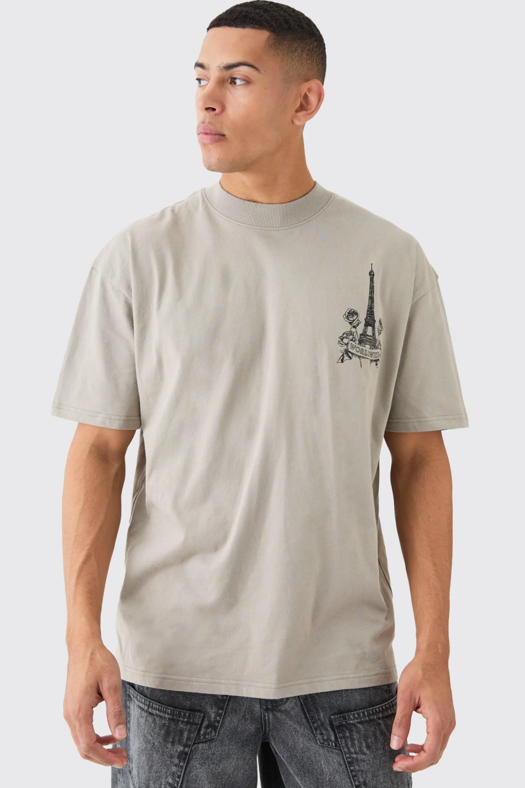 Oversized Extended Neck Embroidered Graphic T-shirt | BoohooMAN UK