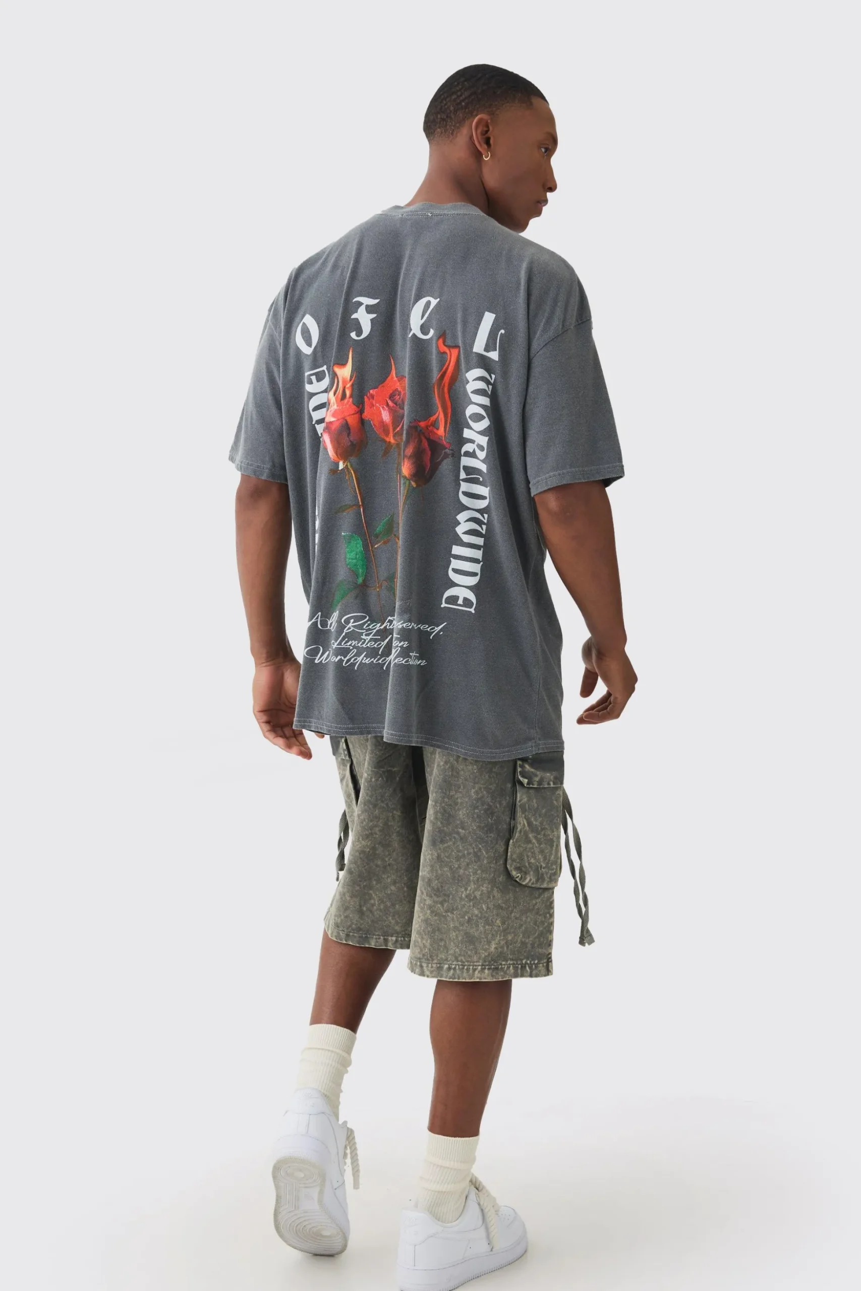Oversized Extended Neck Flame Rose Print Washed T-shirt | BoohooMAN UK