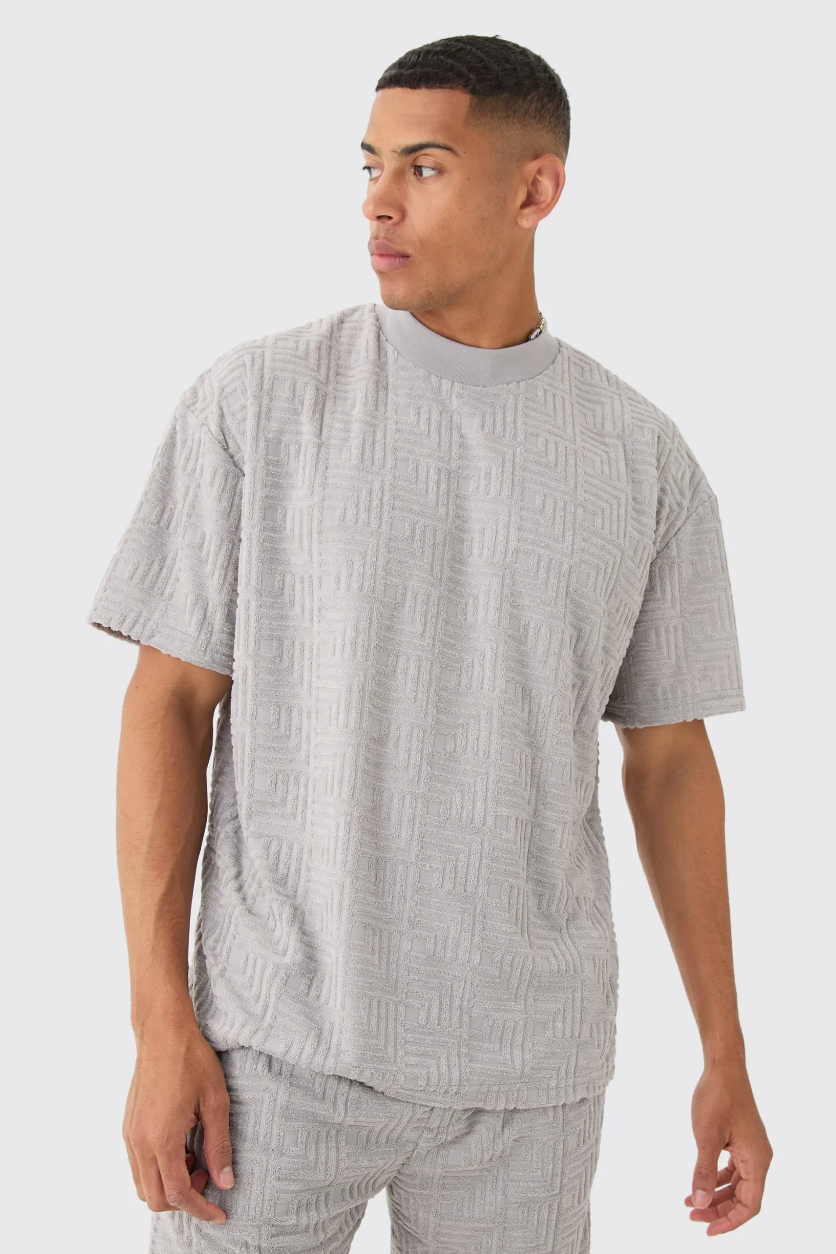 Oversized Extended Neck Geo Towelling Jacquard T-shirt | BoohooMAN UK