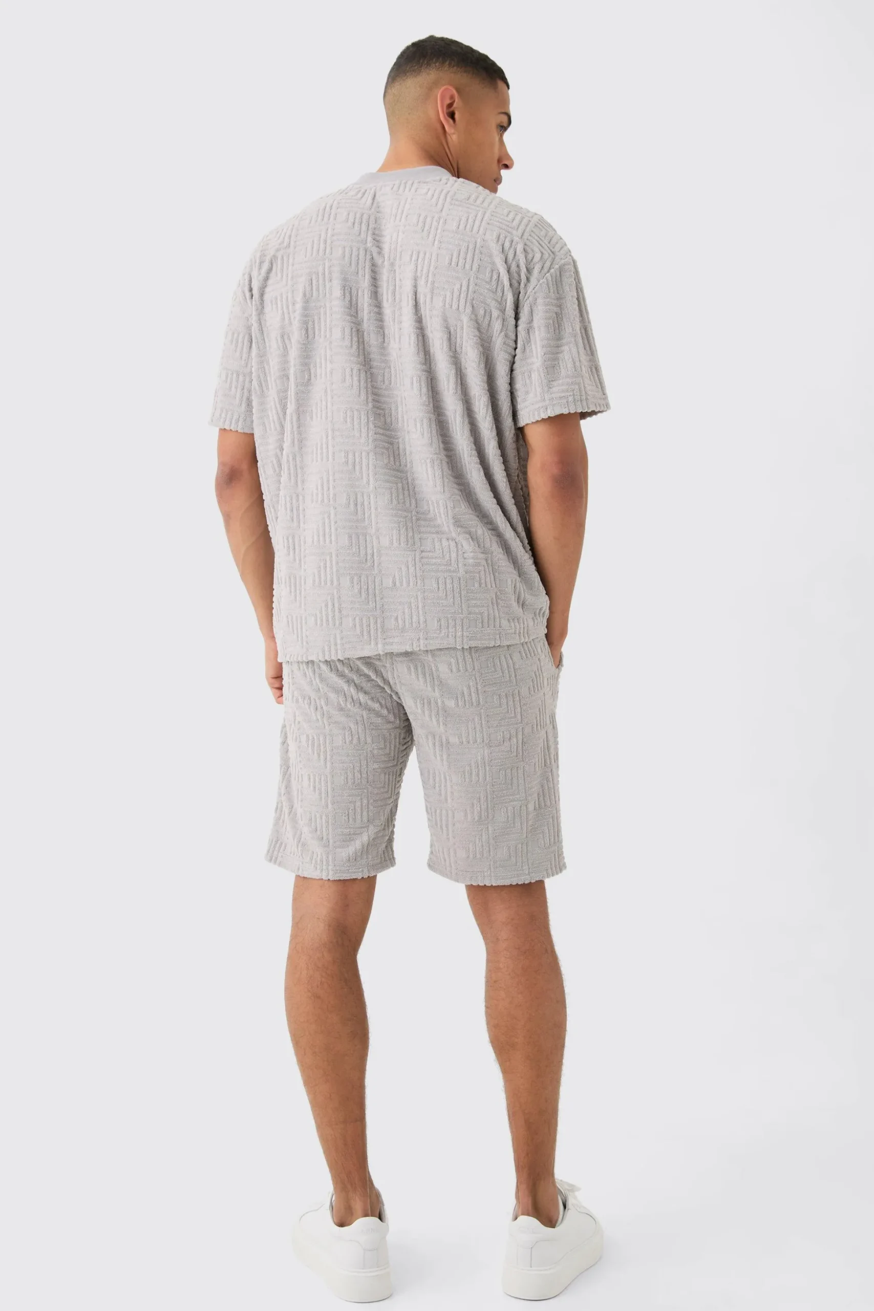 Oversized Extended Neck Geo Towelling Jacquard T-shirt | BoohooMAN UK