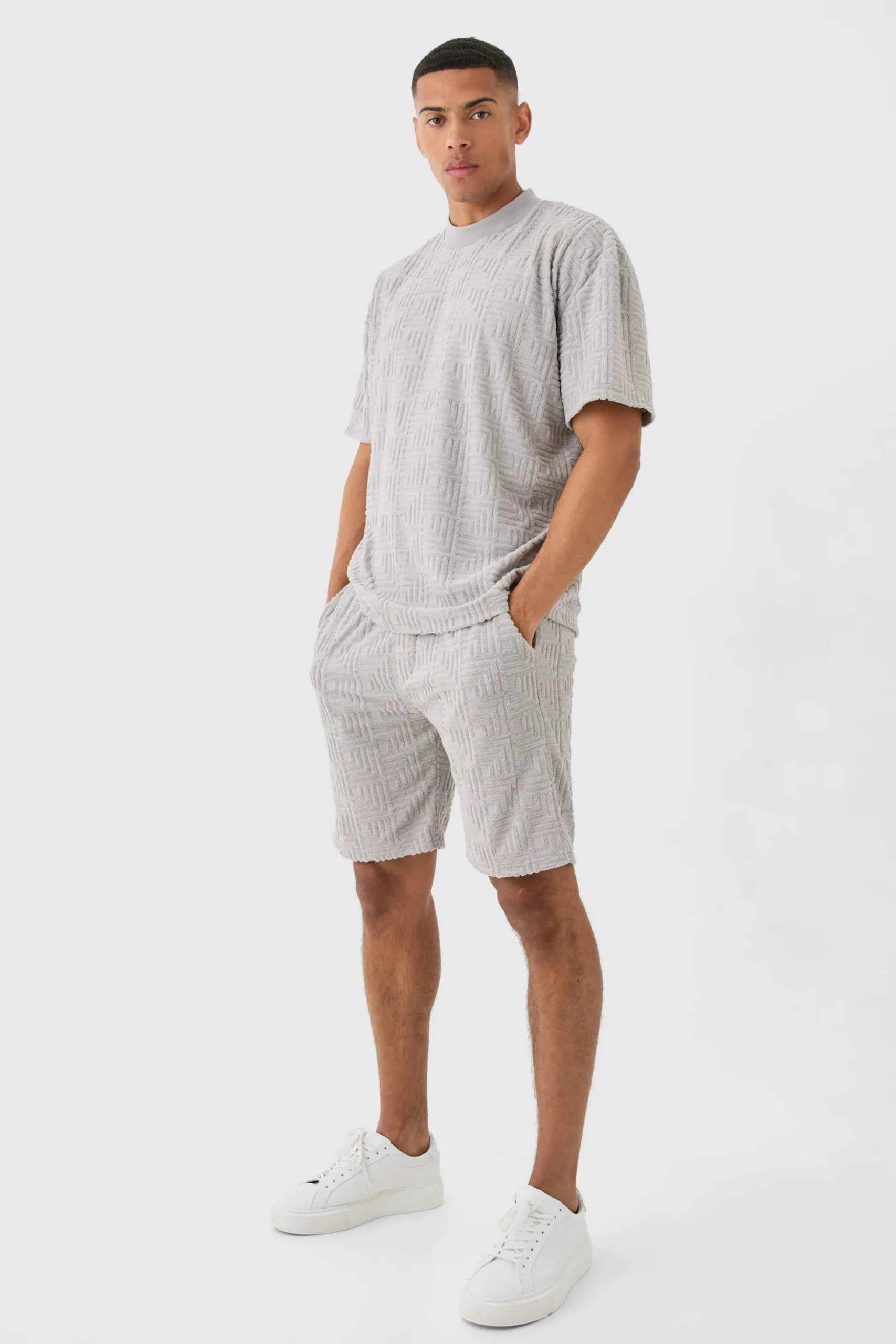 Oversized Extended Neck Geo Towelling Jacquard T-shirt | BoohooMAN UK