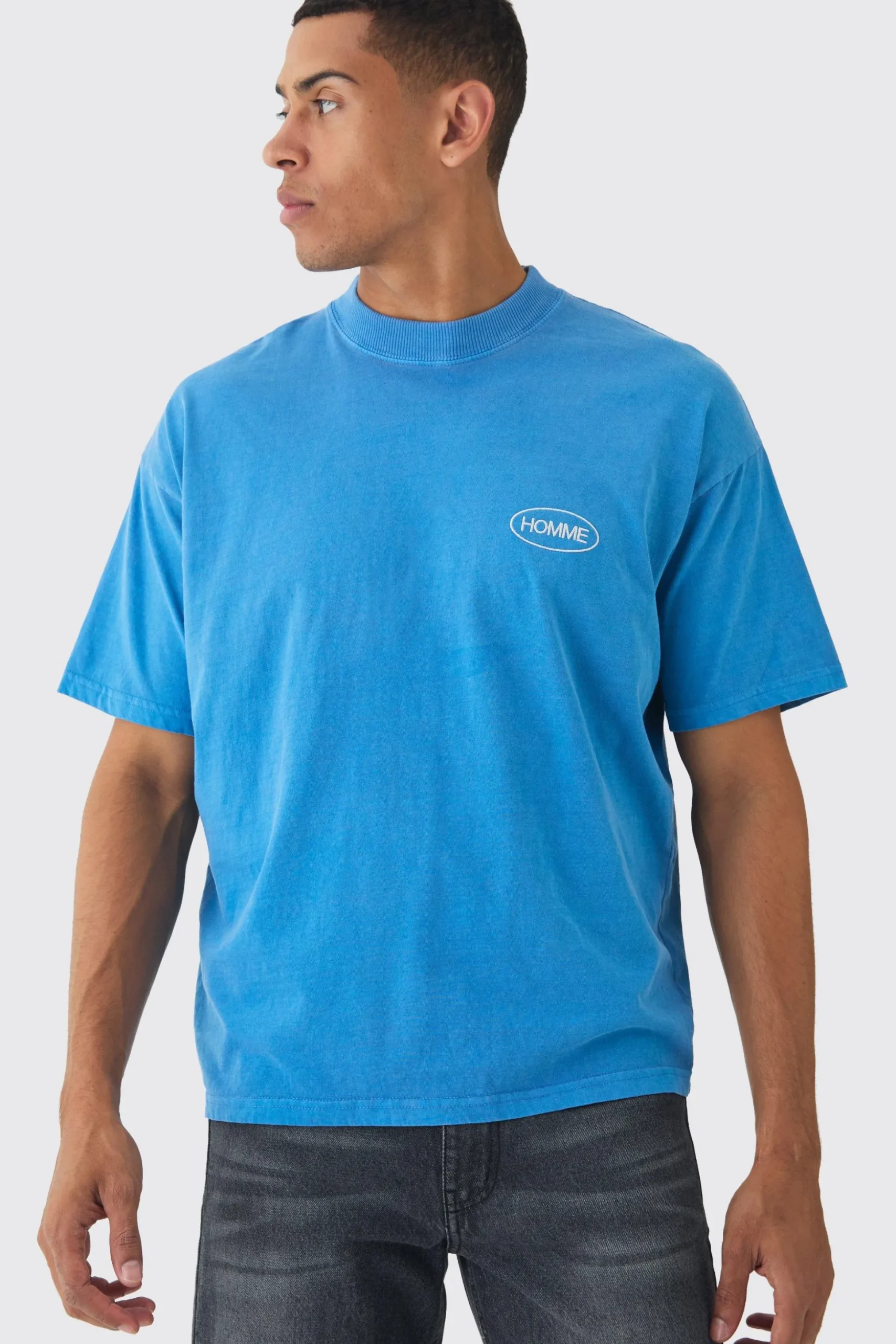 Oversized Extended Neck Homme Chest Embroidered T-Shirt | BoohooMAN UK