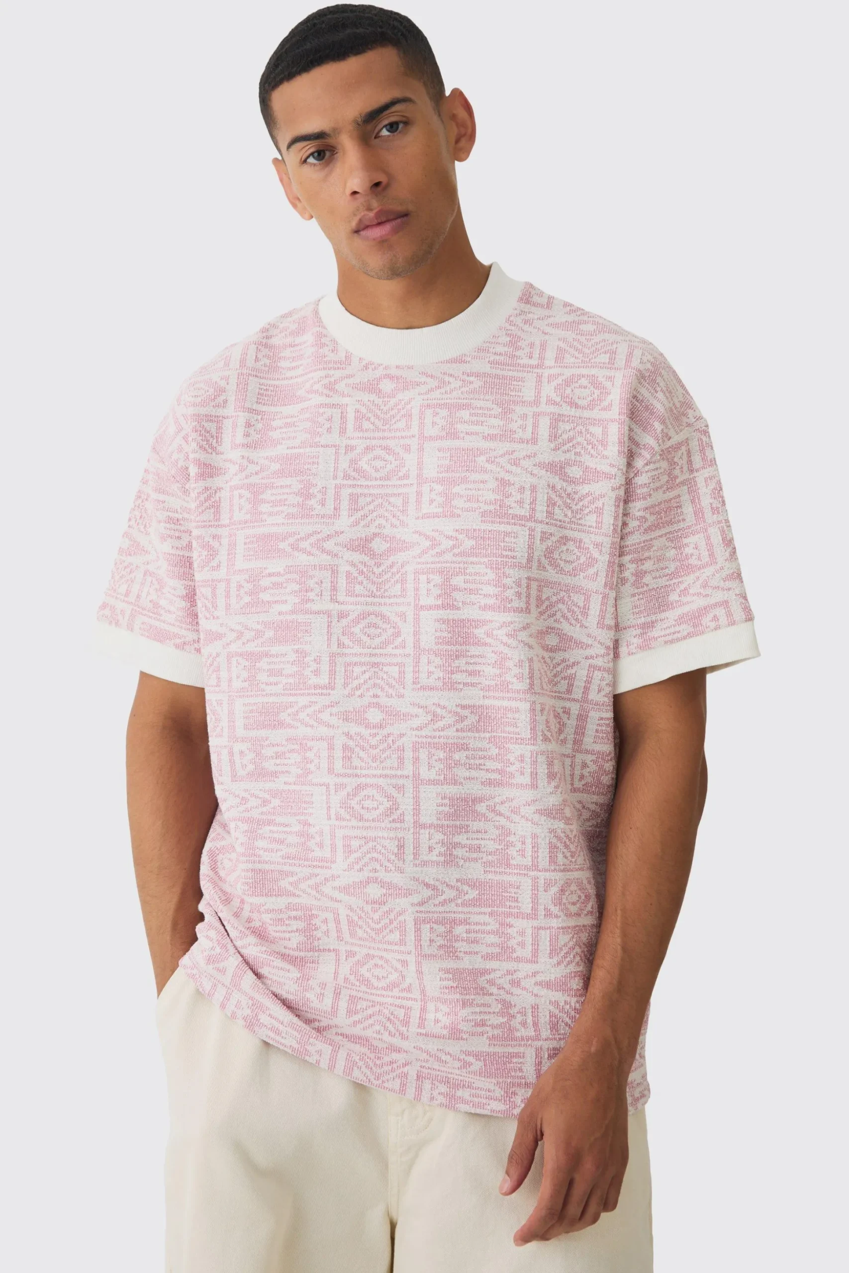 Oversized Extended Neck Jacquard Aztec Contrast Hems T-shirt | BoohooMAN UK
