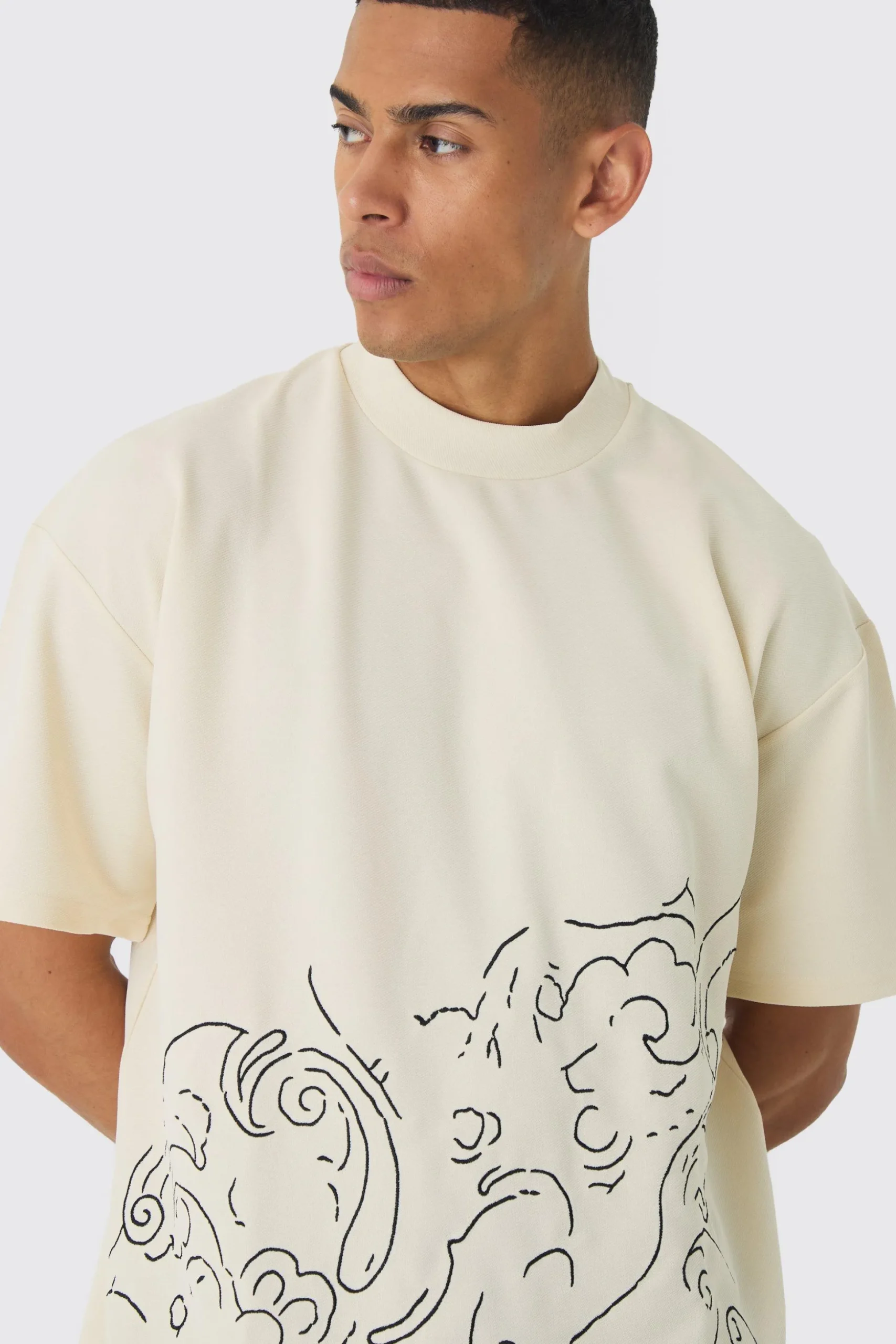 Oversized Extended Neck Jersey Twill Abstract Embroidery T-shirt | BoohooMAN UK