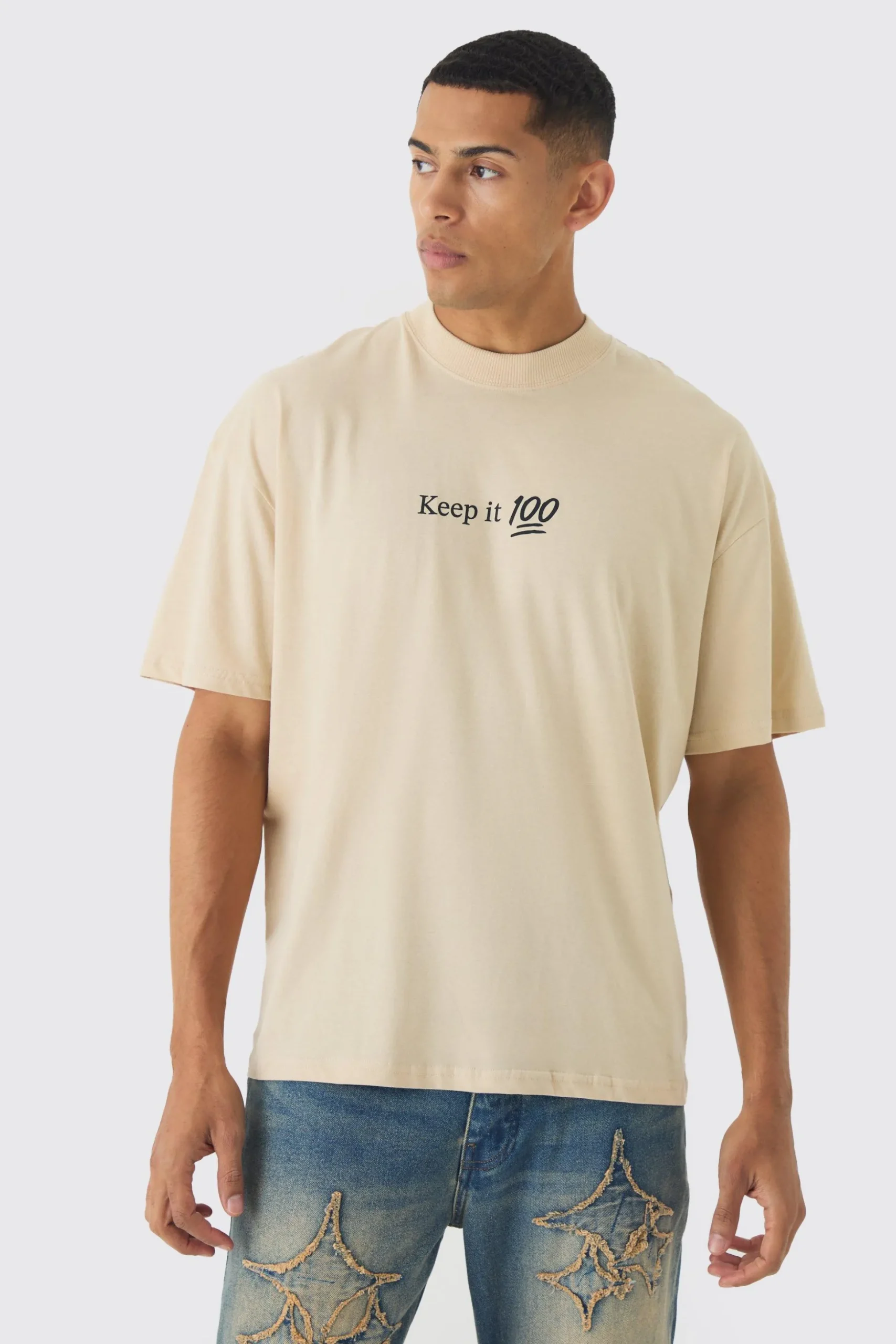 Oversized Extended Neck Keep It Real Print T-Shirt | BoohooMAN UK