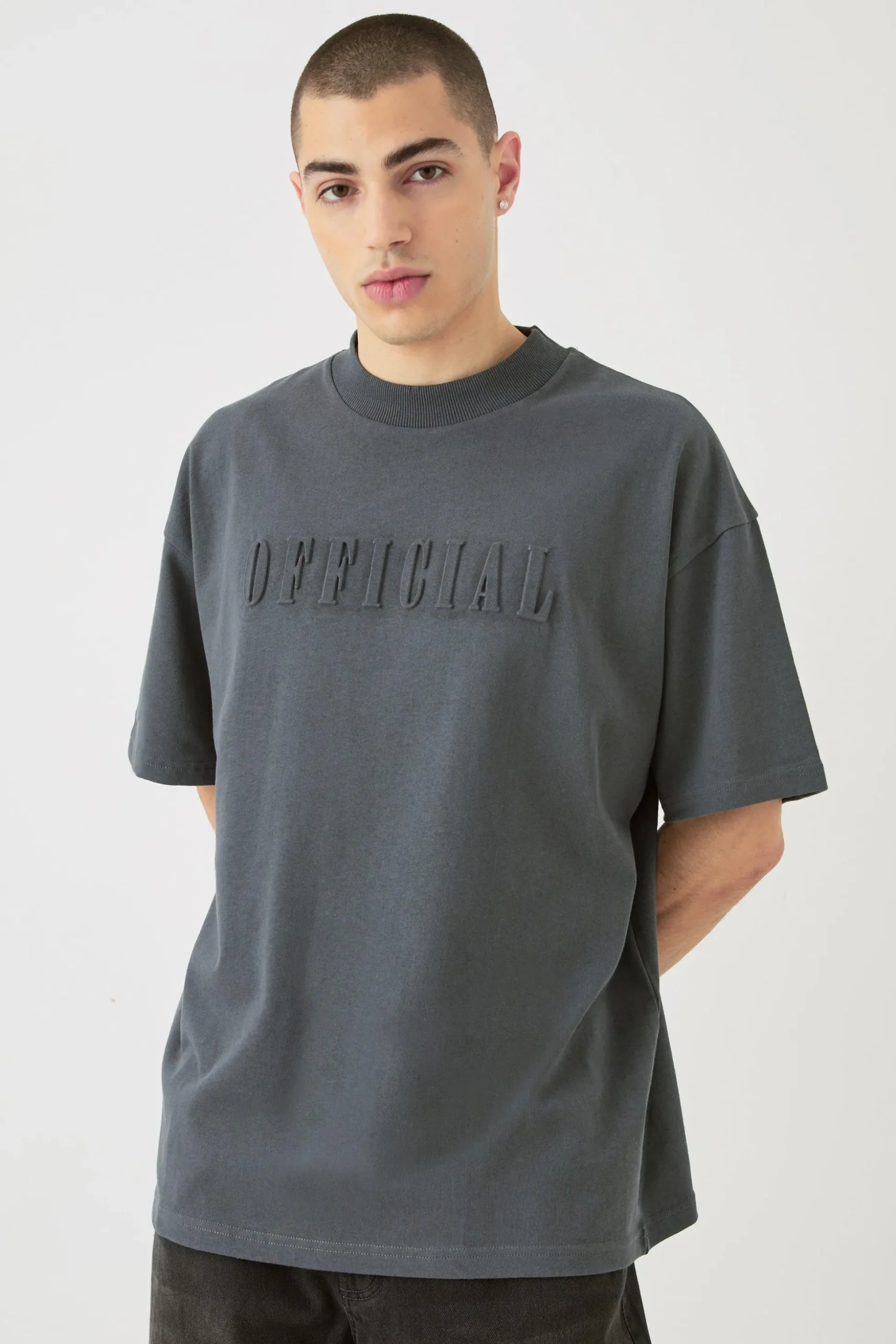 Oversized Extended Neck Official Embossed T-shirt | BoohooMAN UK