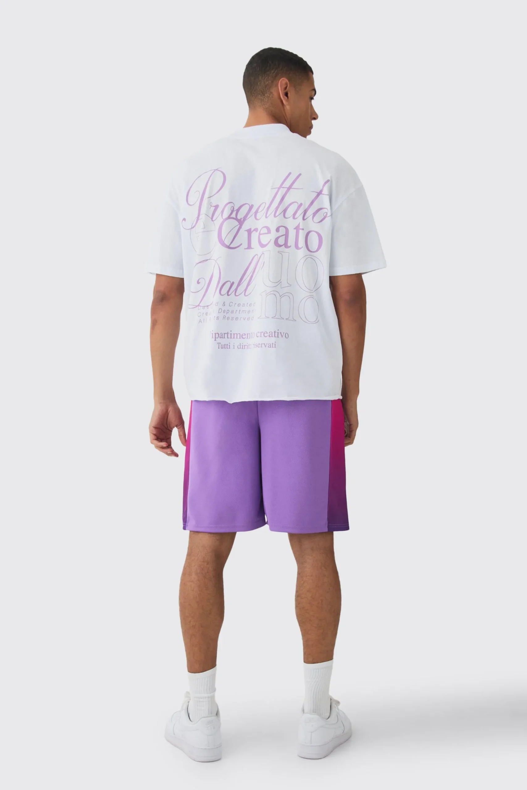 Oversized Extended Neck Raw Hem Script T-shirt & Mesh Short Set | BoohooMAN UK