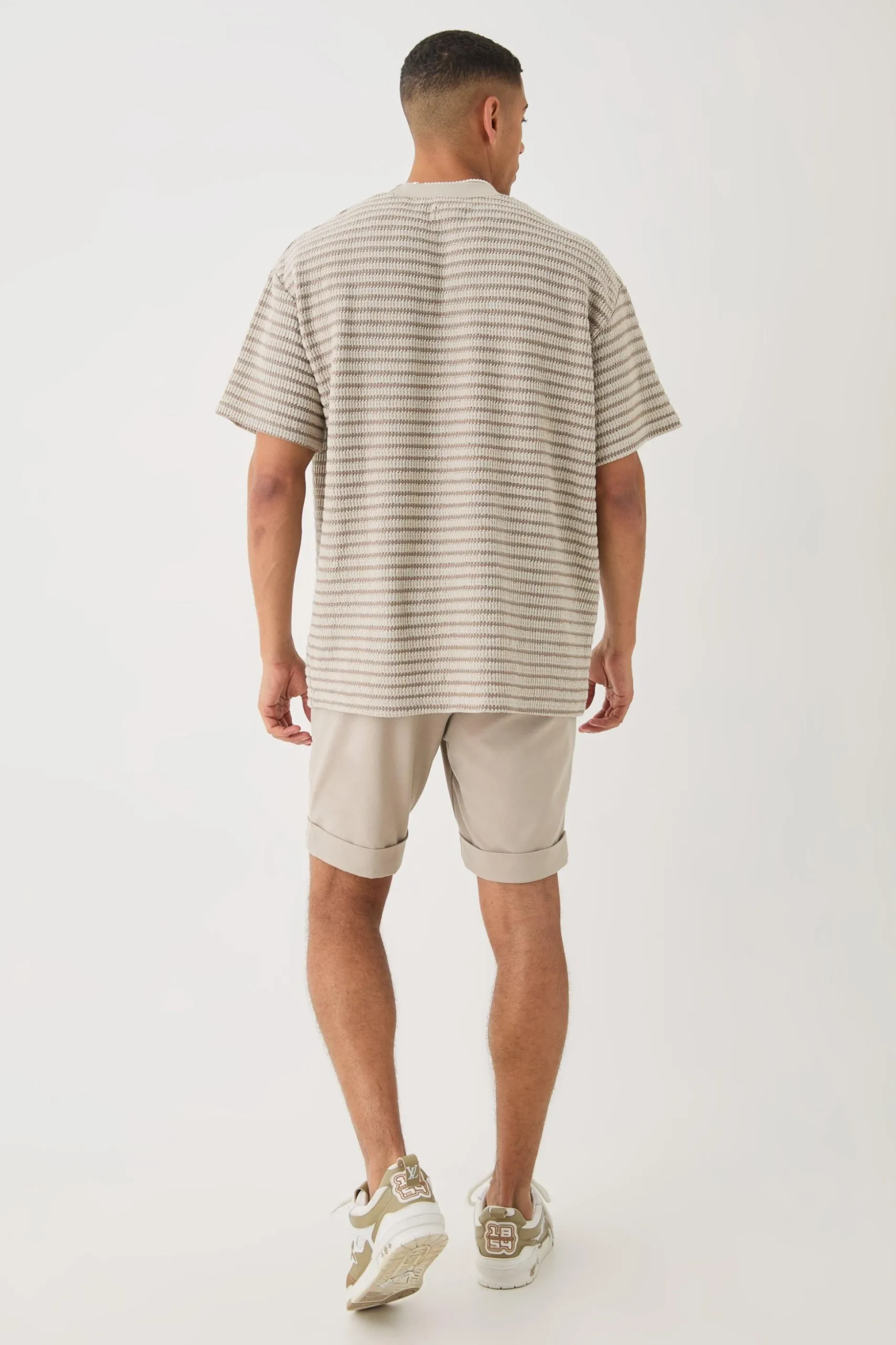 Oversized Extended Neck Striped Textured T-shirt | BoohooMAN UK