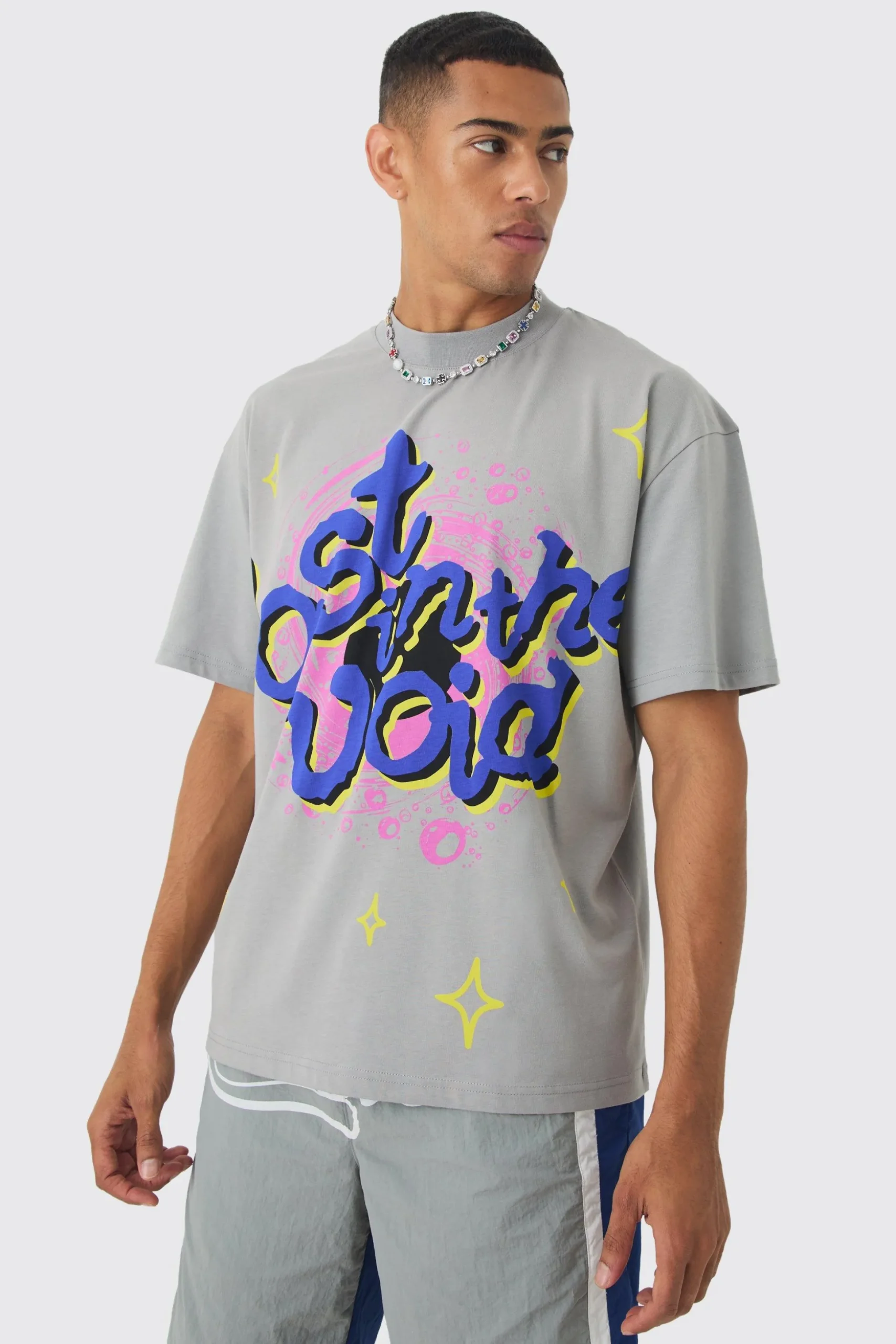 Oversized Extended Neck Space Graphic T-shirt | BoohooMAN UK