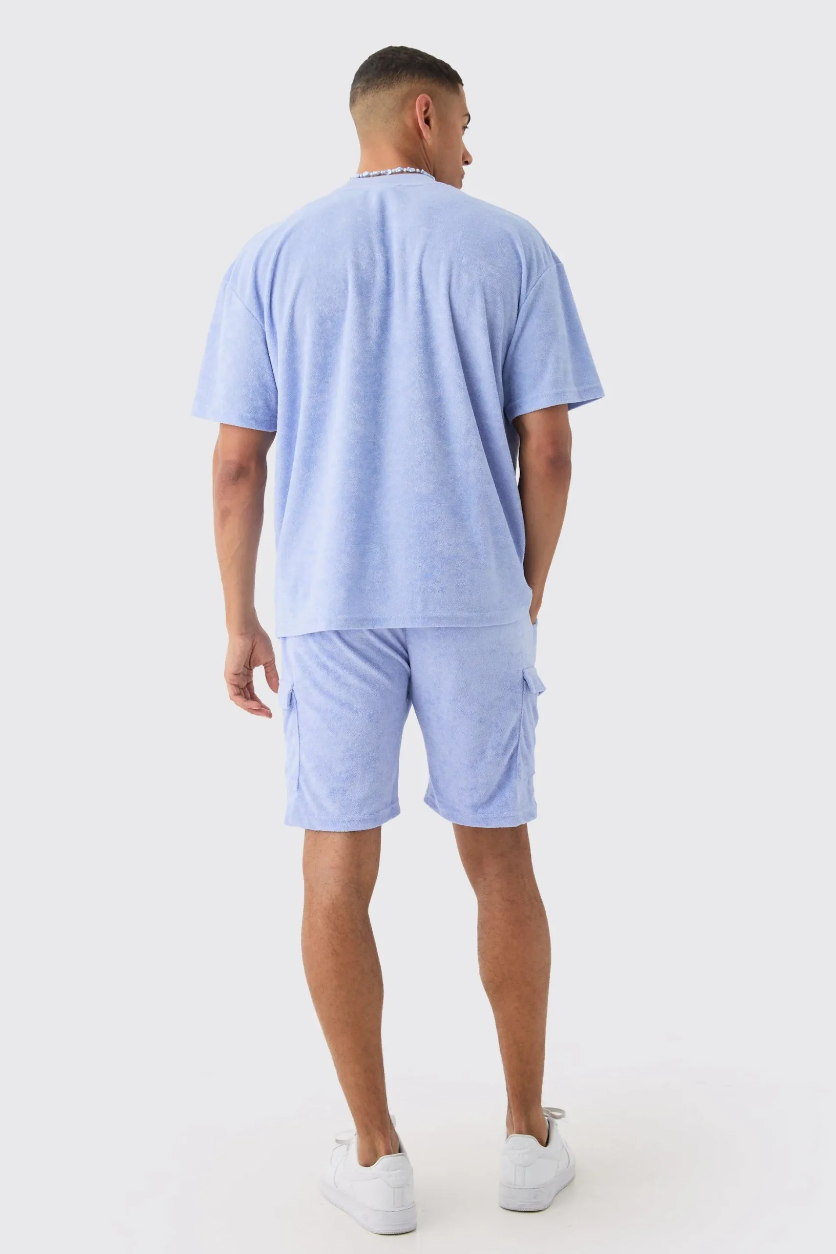 Oversized Extended Neck Towelling T-shirt & Cargo Shorts Set | BoohooMAN UK