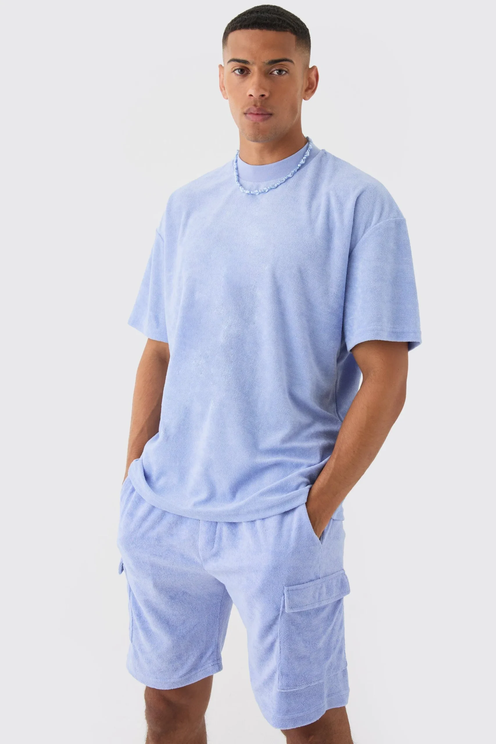 Oversized Extended Neck Towelling T-shirt & Cargo Shorts Set | BoohooMAN UK