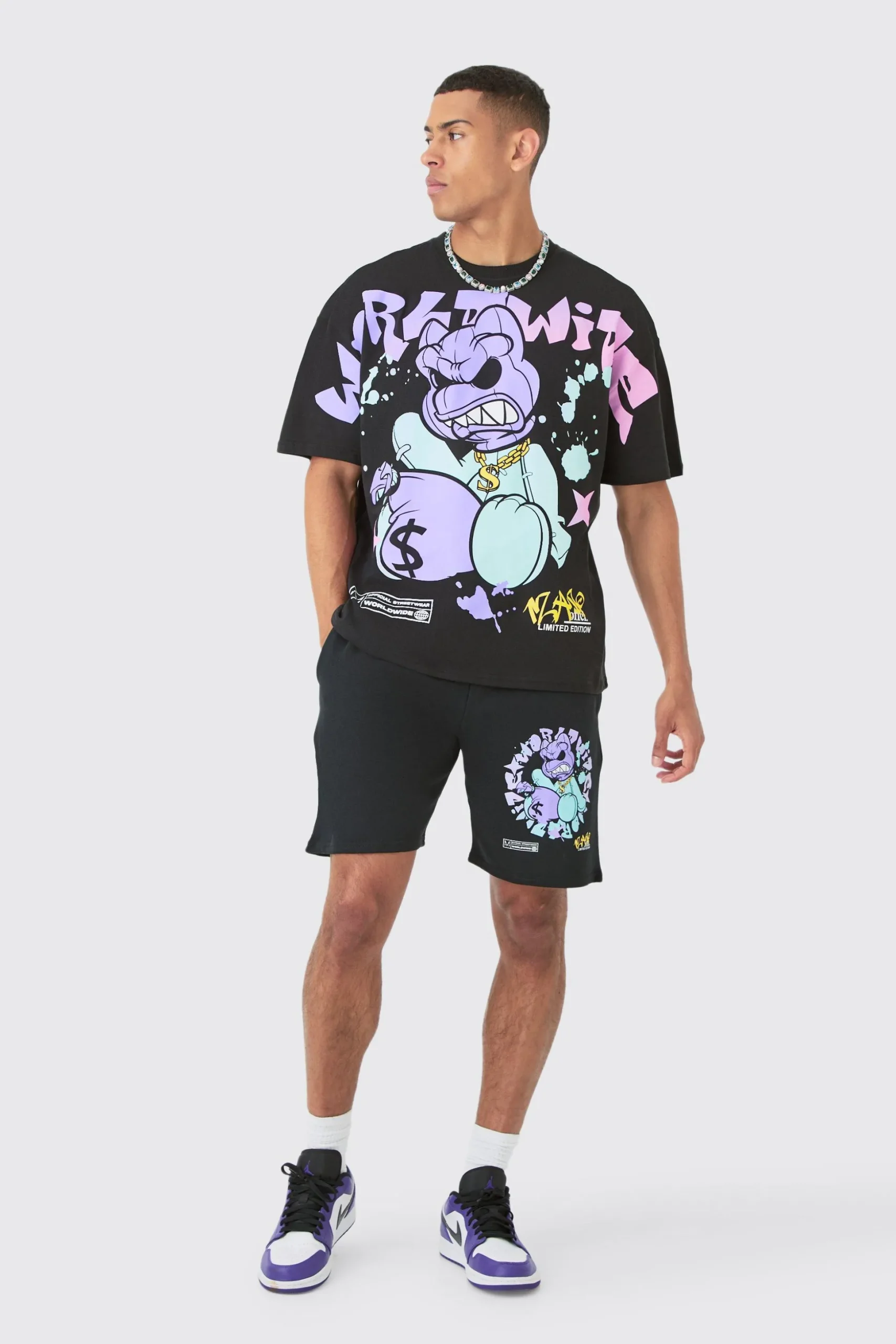 Oversized Extended Neck Teddy Large Graphic Shorts Set | BoohooMAN UK