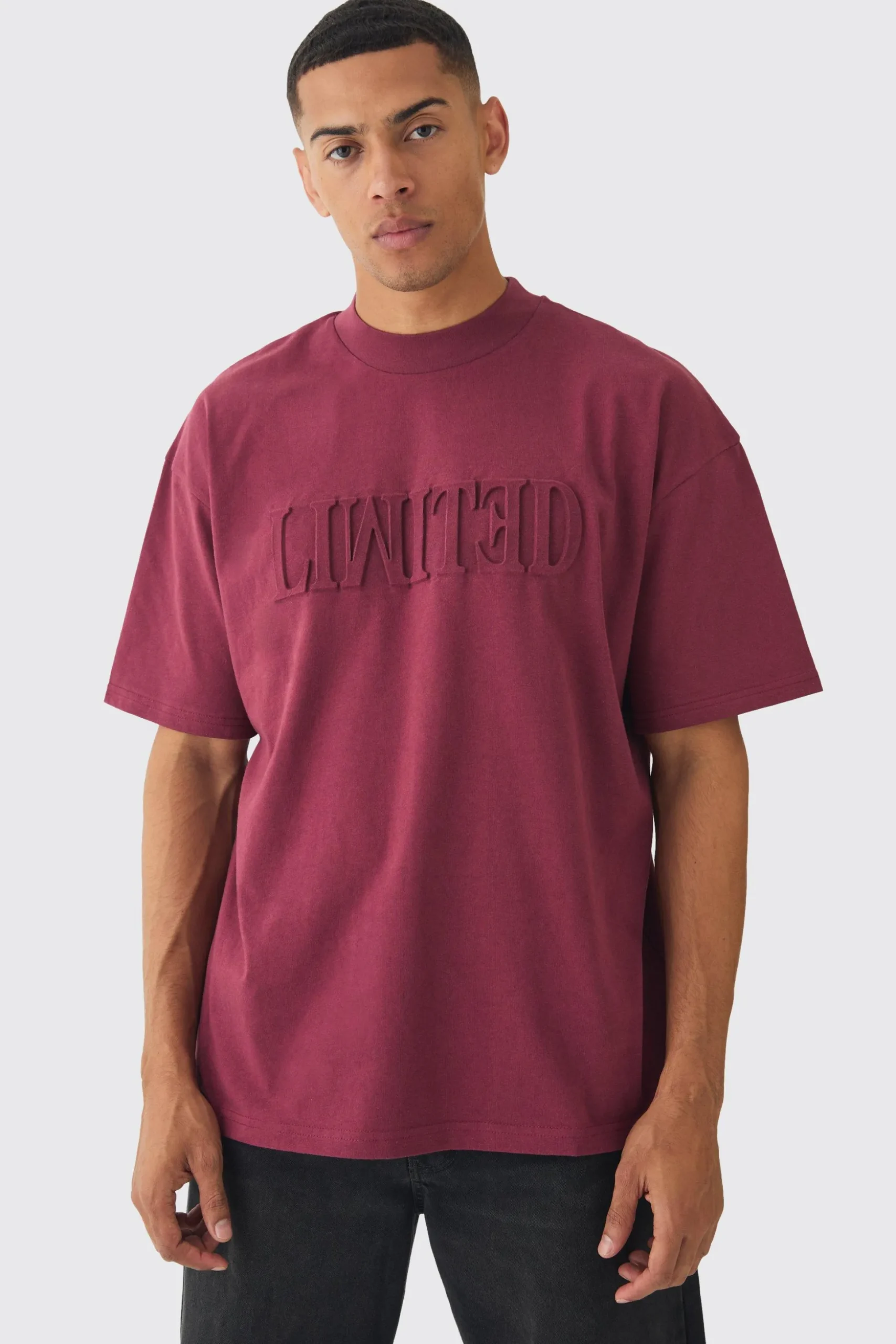 Oversized Extended Neck Varsity Embossed T-Shirt | BoohooMAN UK