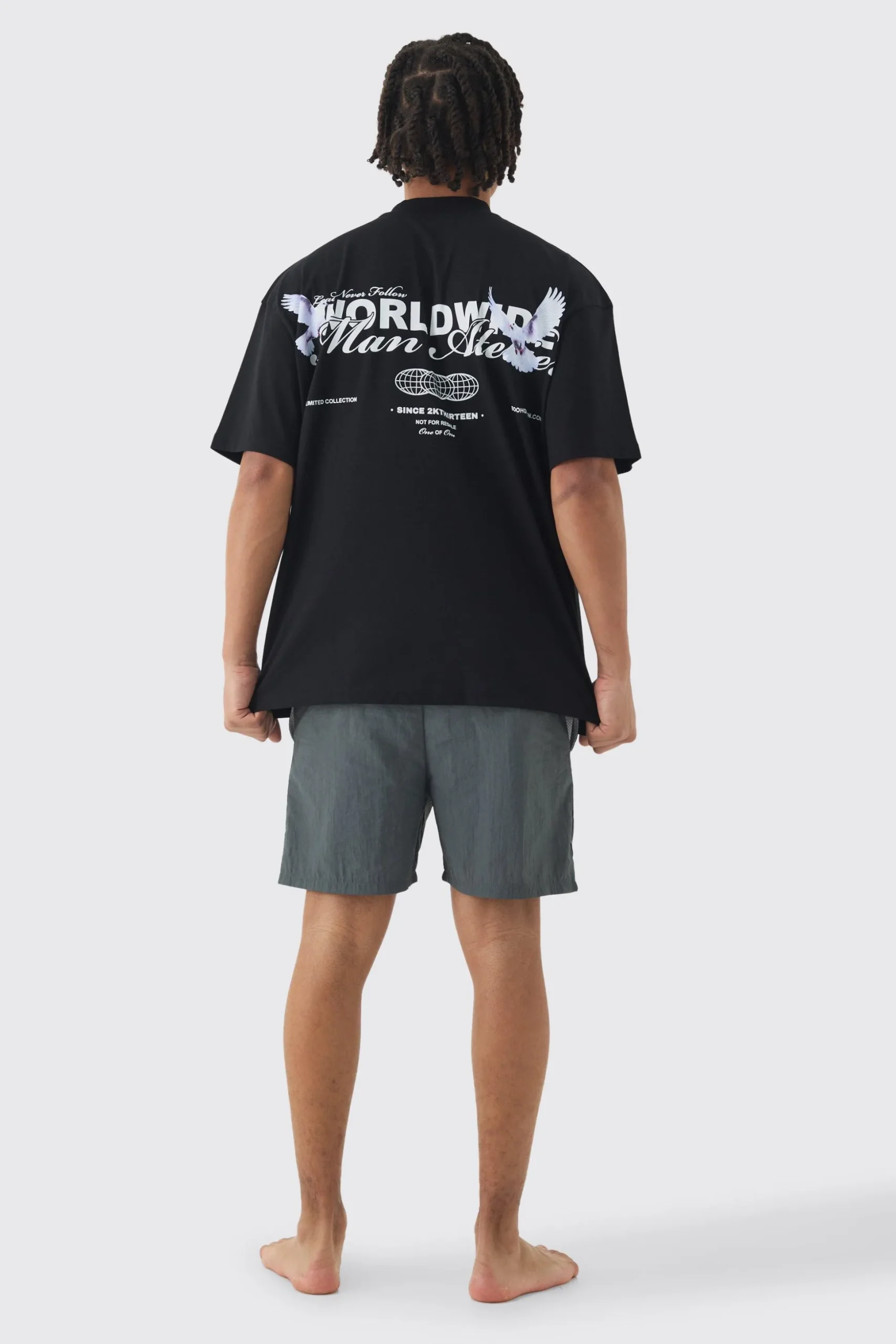 Oversized Extended Neck Worldwide Back Print T-shirt & Swim Set | BoohooMAN UK