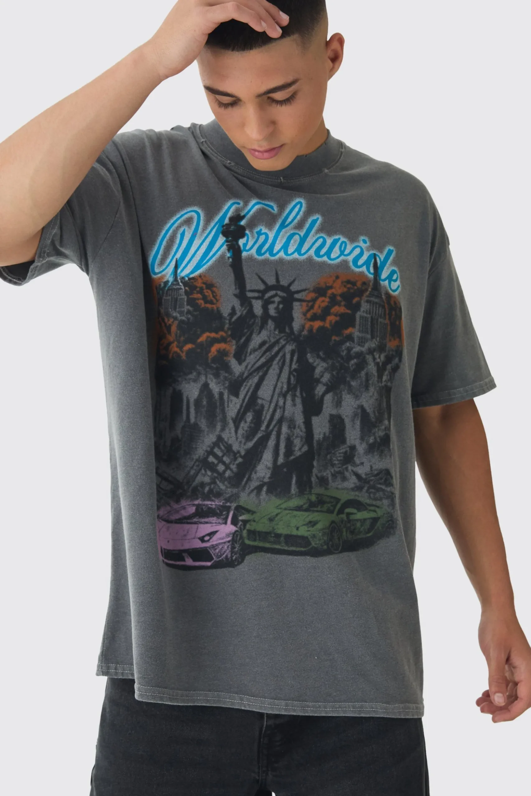 Oversized Extended Neck Wash Statue Print Distressed T-Shirt | BoohooMAN UK