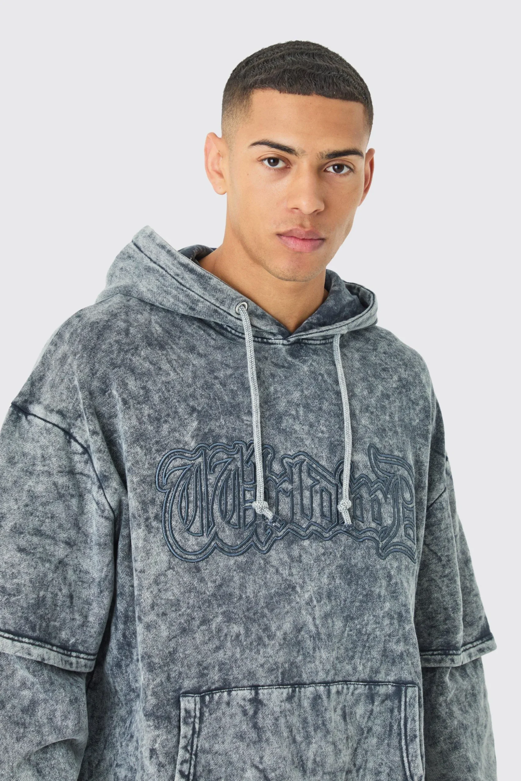 Oversized Faux Layer Acid Wash Embroidered Hoodie | BoohooMAN UK