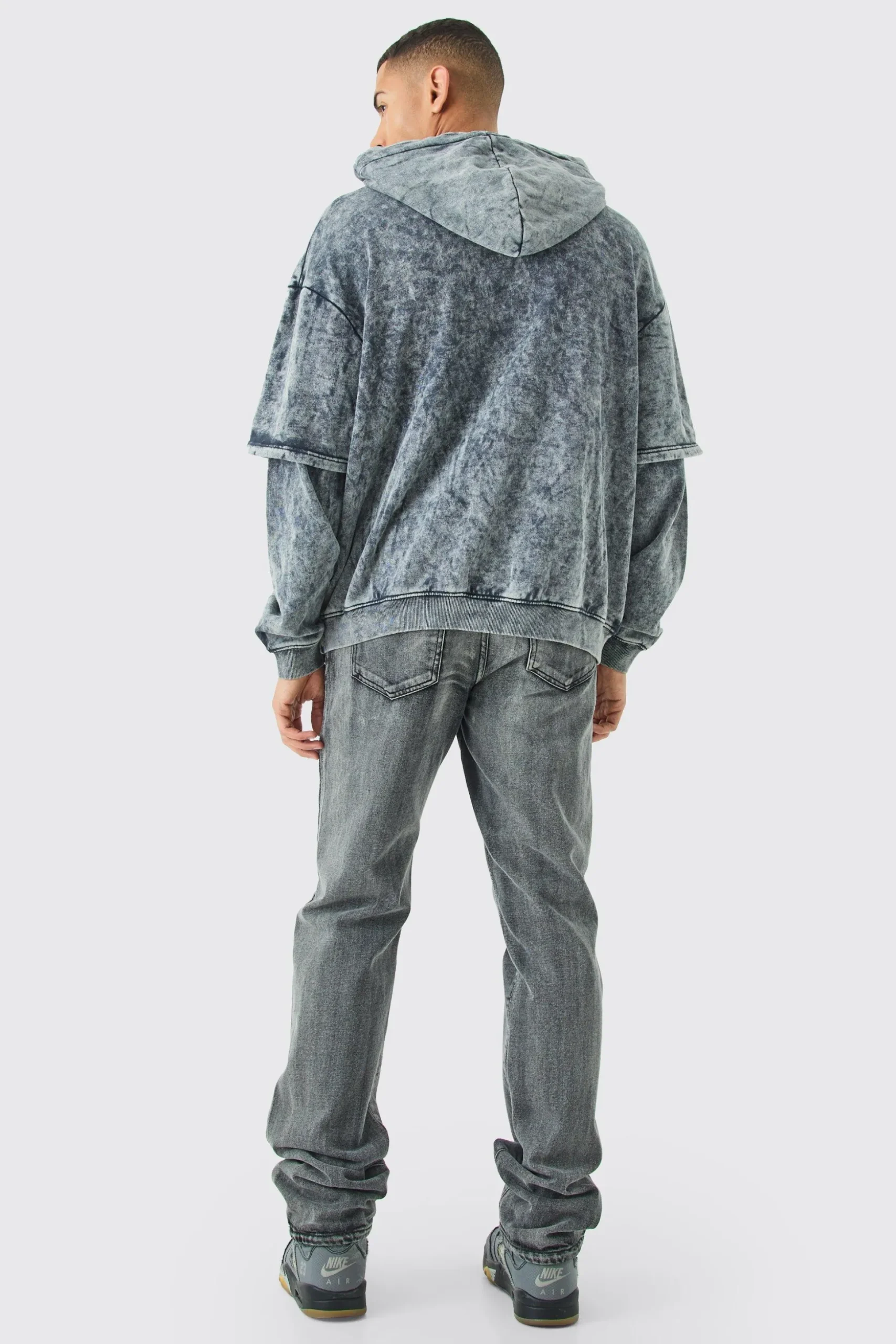 Oversized Faux Layer Acid Wash Embroidered Hoodie | BoohooMAN UK