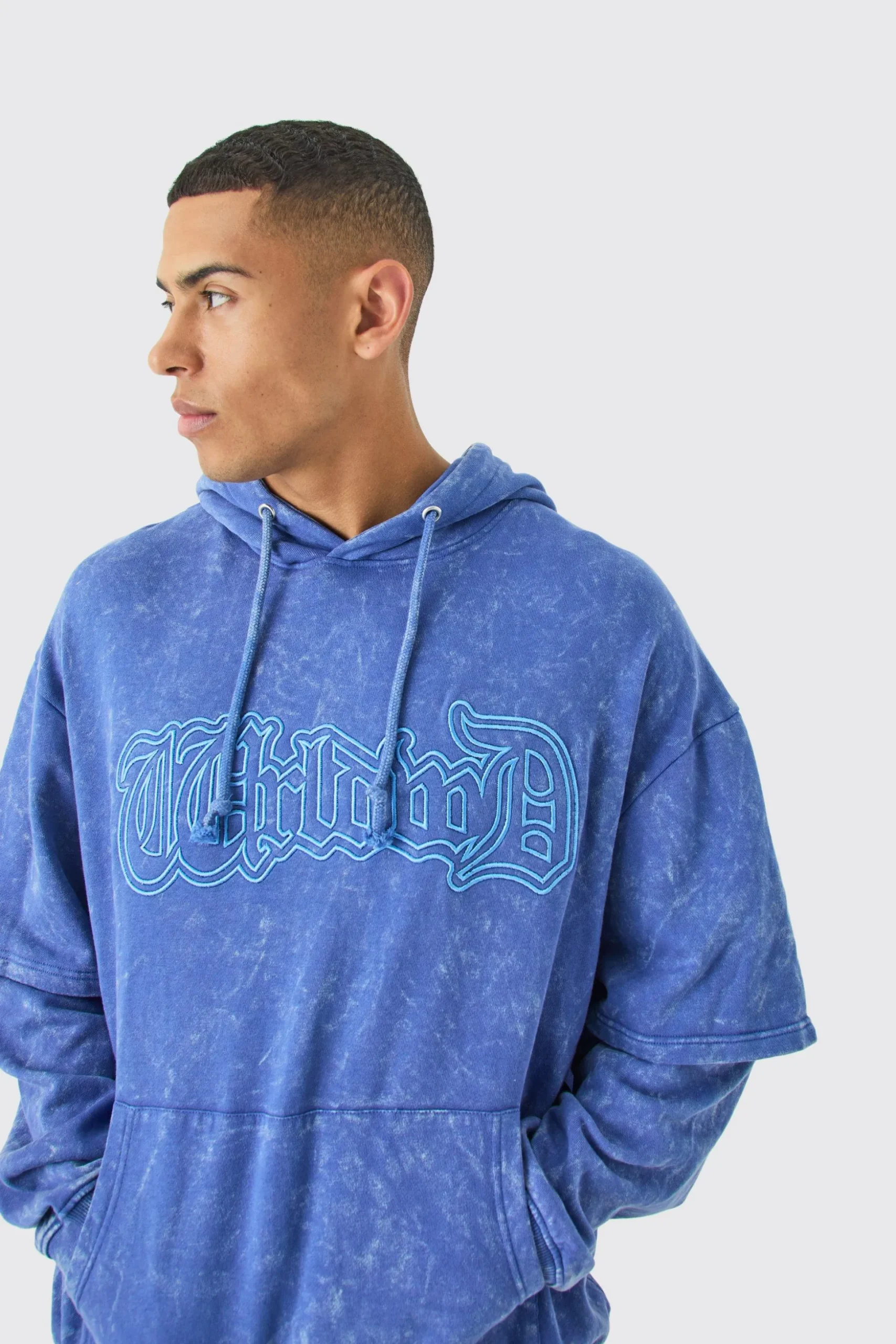Oversized Faux Layer Acid Wash Embroidered Hoodie | BoohooMAN UK