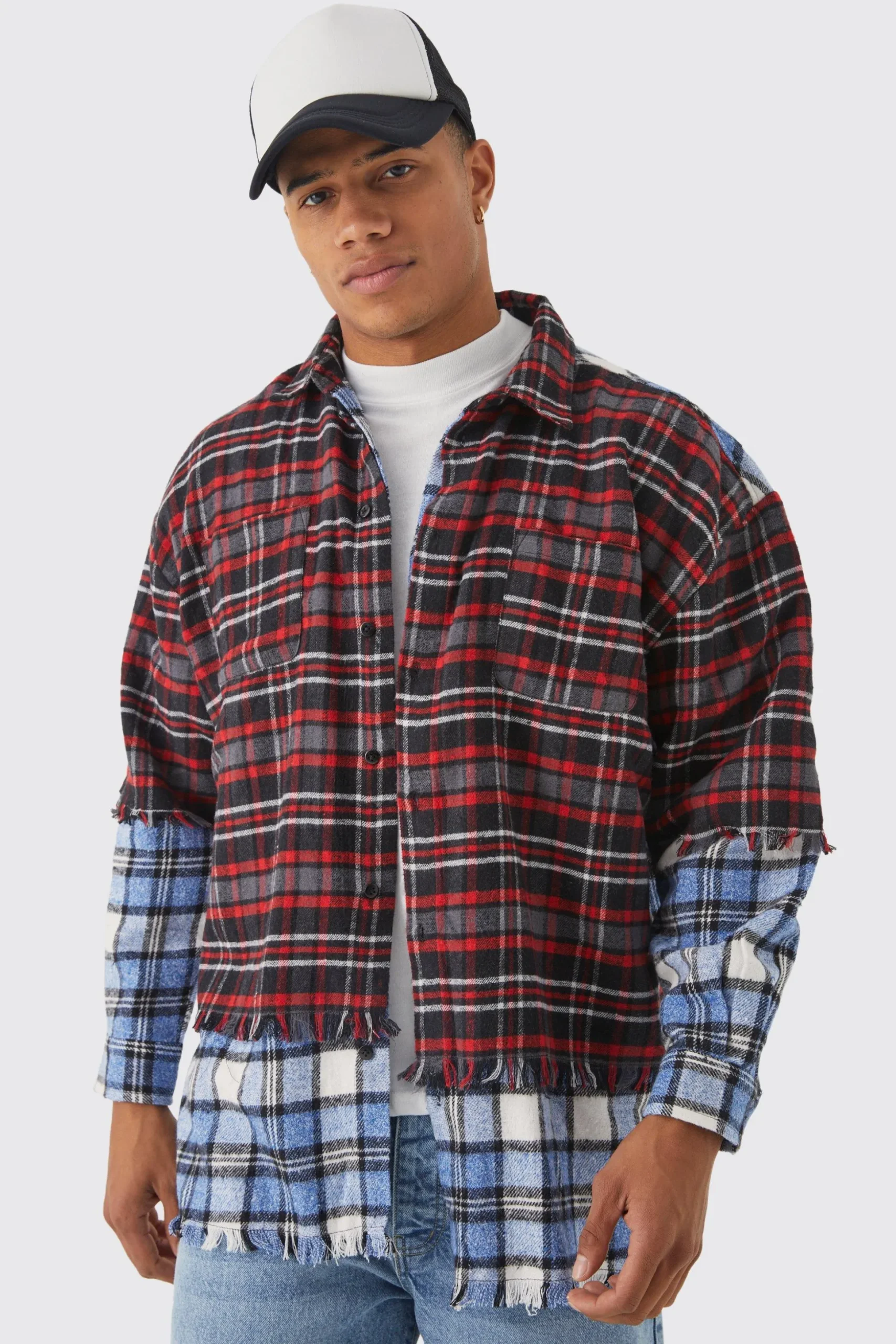 Oversized Faux Layered Check Shirt | BoohooMAN UK