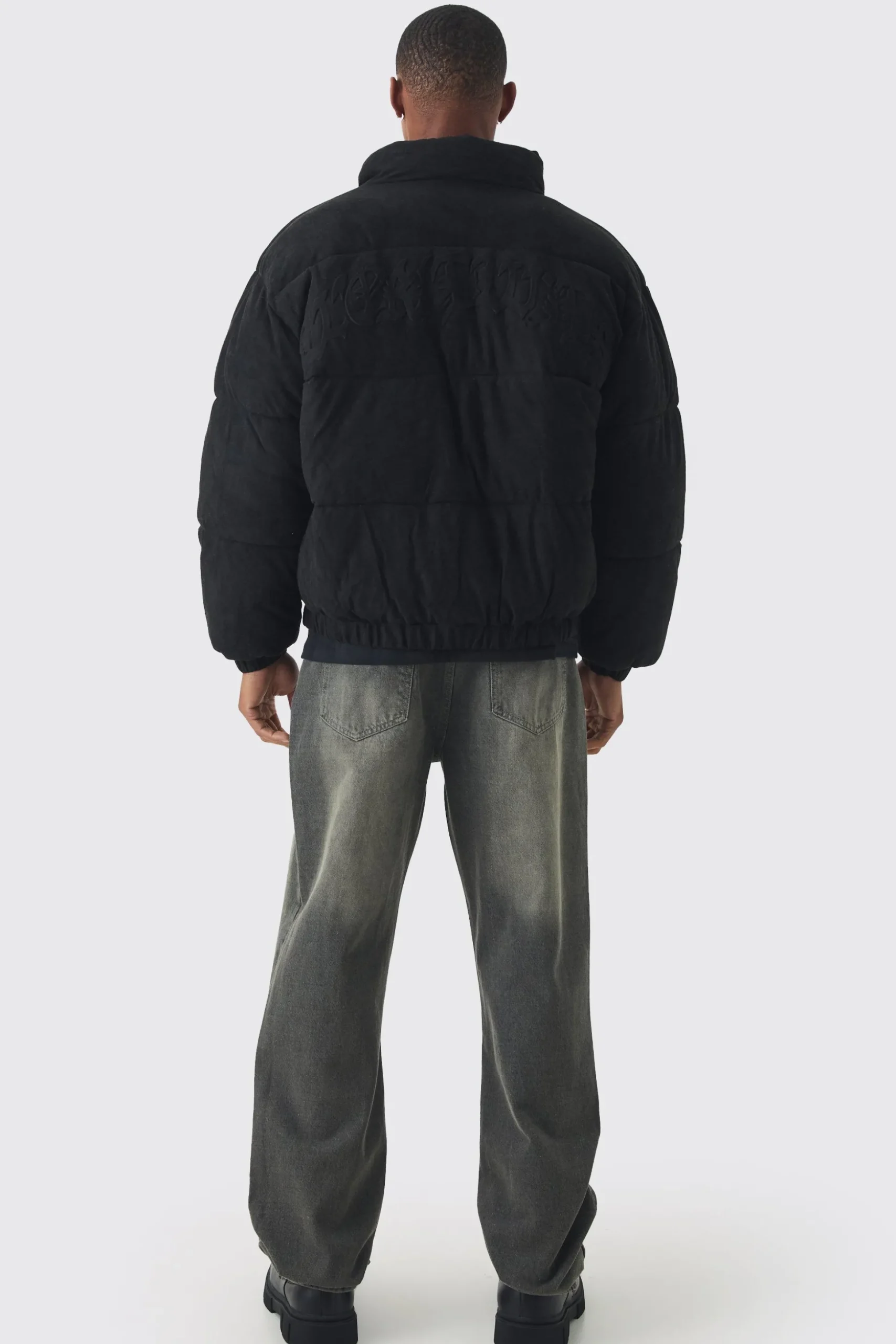 Oversized Faux Suede Worldwide Funnel Neck Puffer In Black | BoohooMAN UK