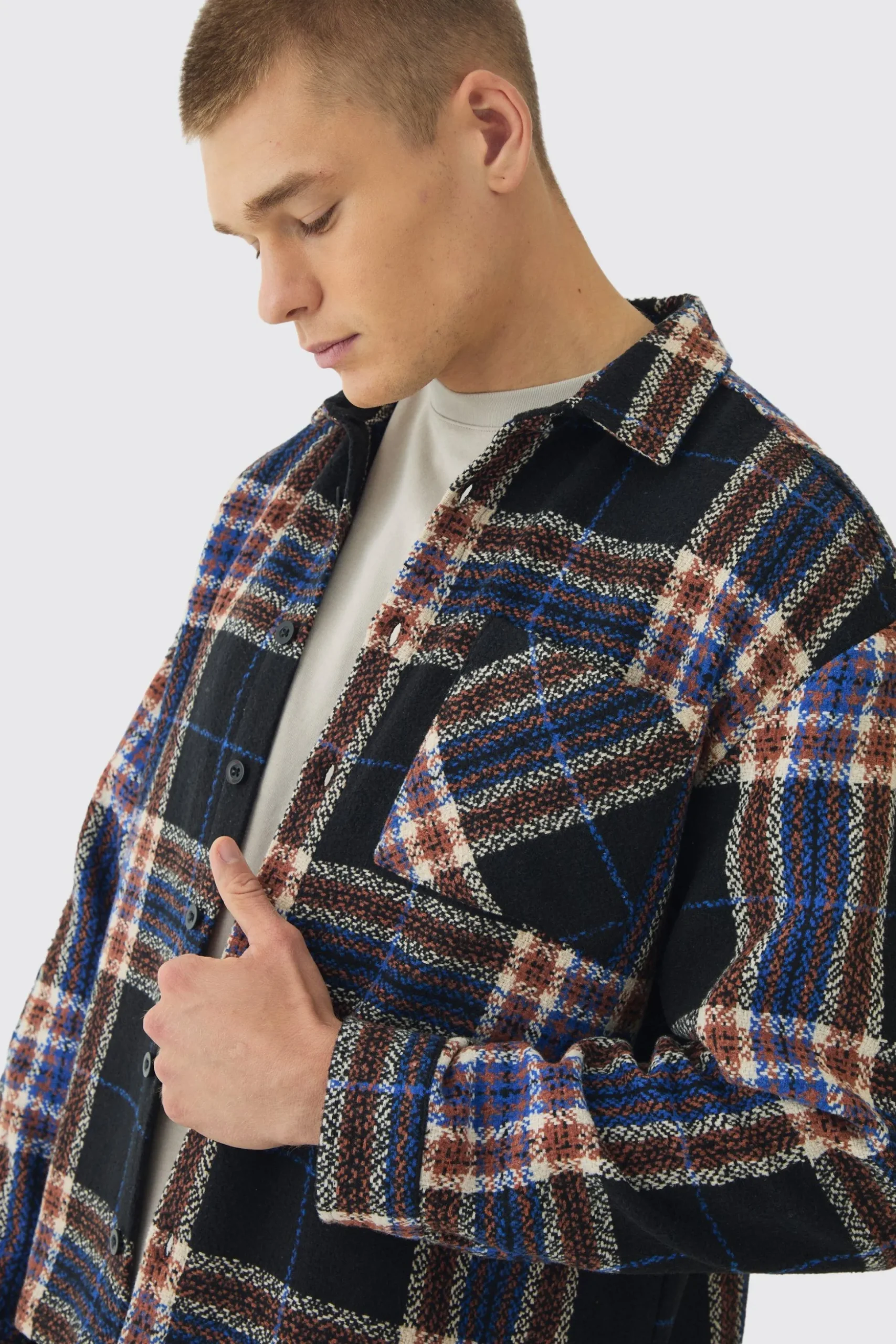 Oversized Fit Brushed Check Overshirt | BoohooMAN UK