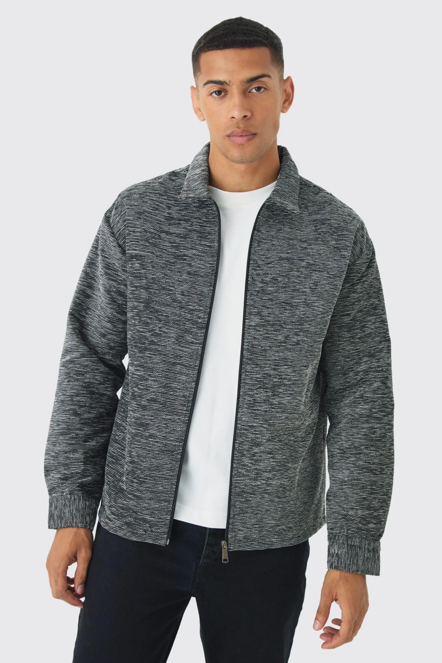 Oversized Fit Zip Through Textured Shirt | BoohooMAN UK