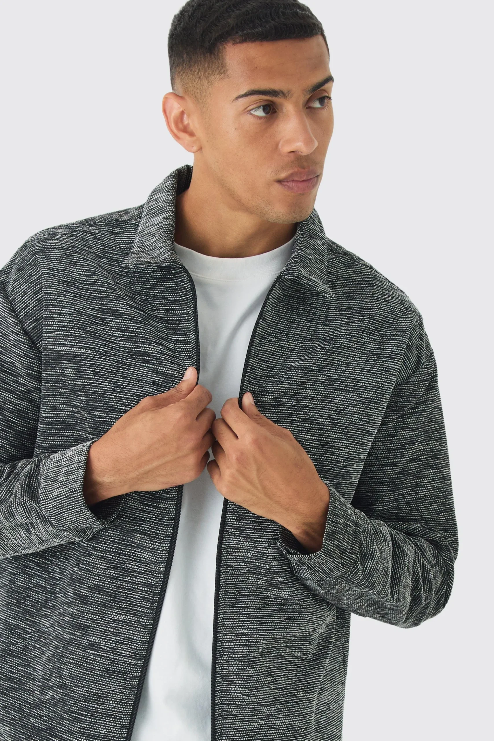 Oversized Fit Zip Through Textured Shirt | BoohooMAN UK