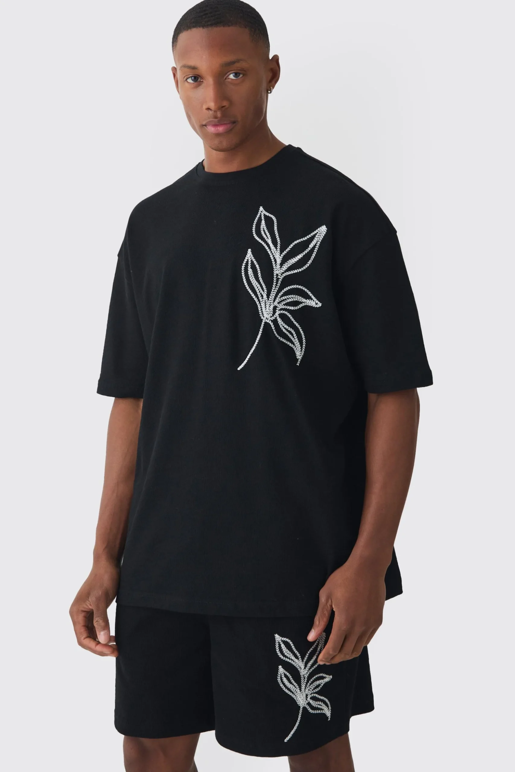 Oversized Floral Embroidered Slub T-shirt And Short Set | BoohooMAN UK