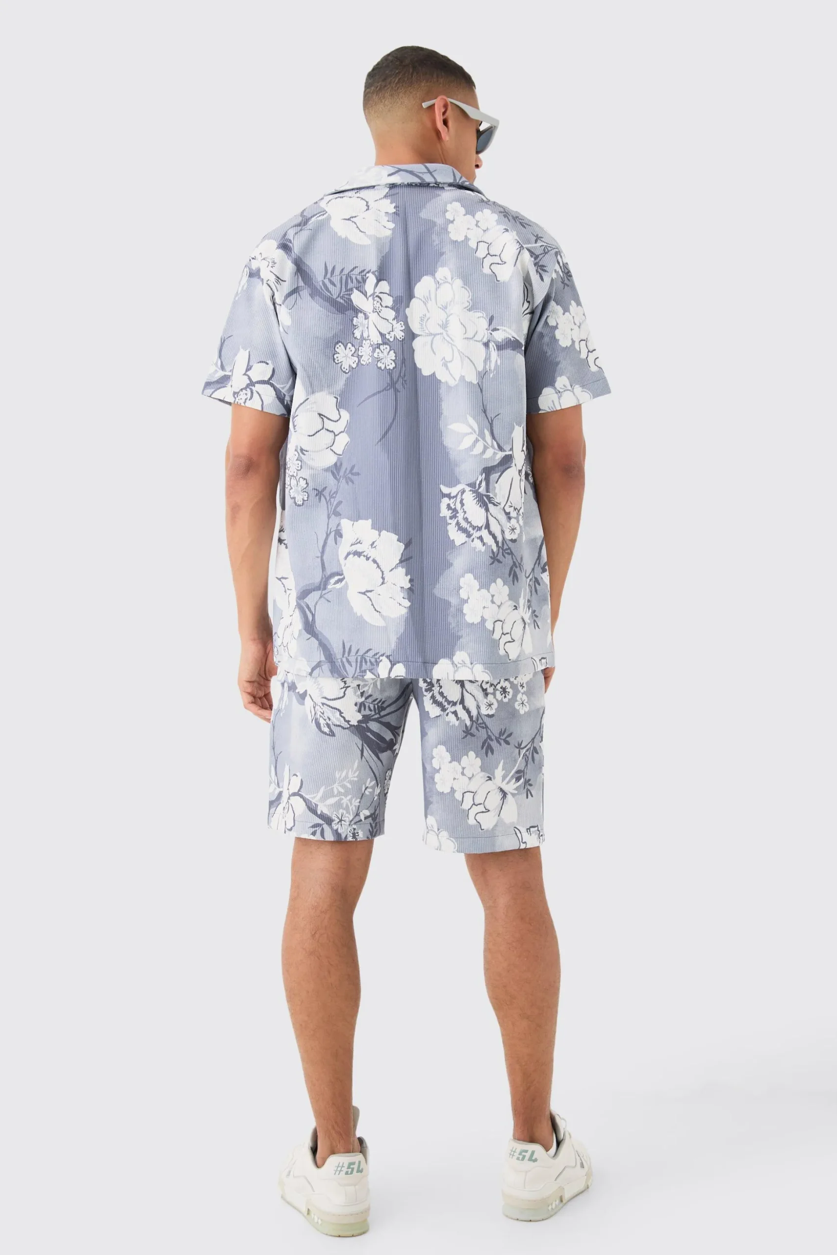 Oversized Floral Printed Pleated Shirt & Short Set | BoohooMAN UK