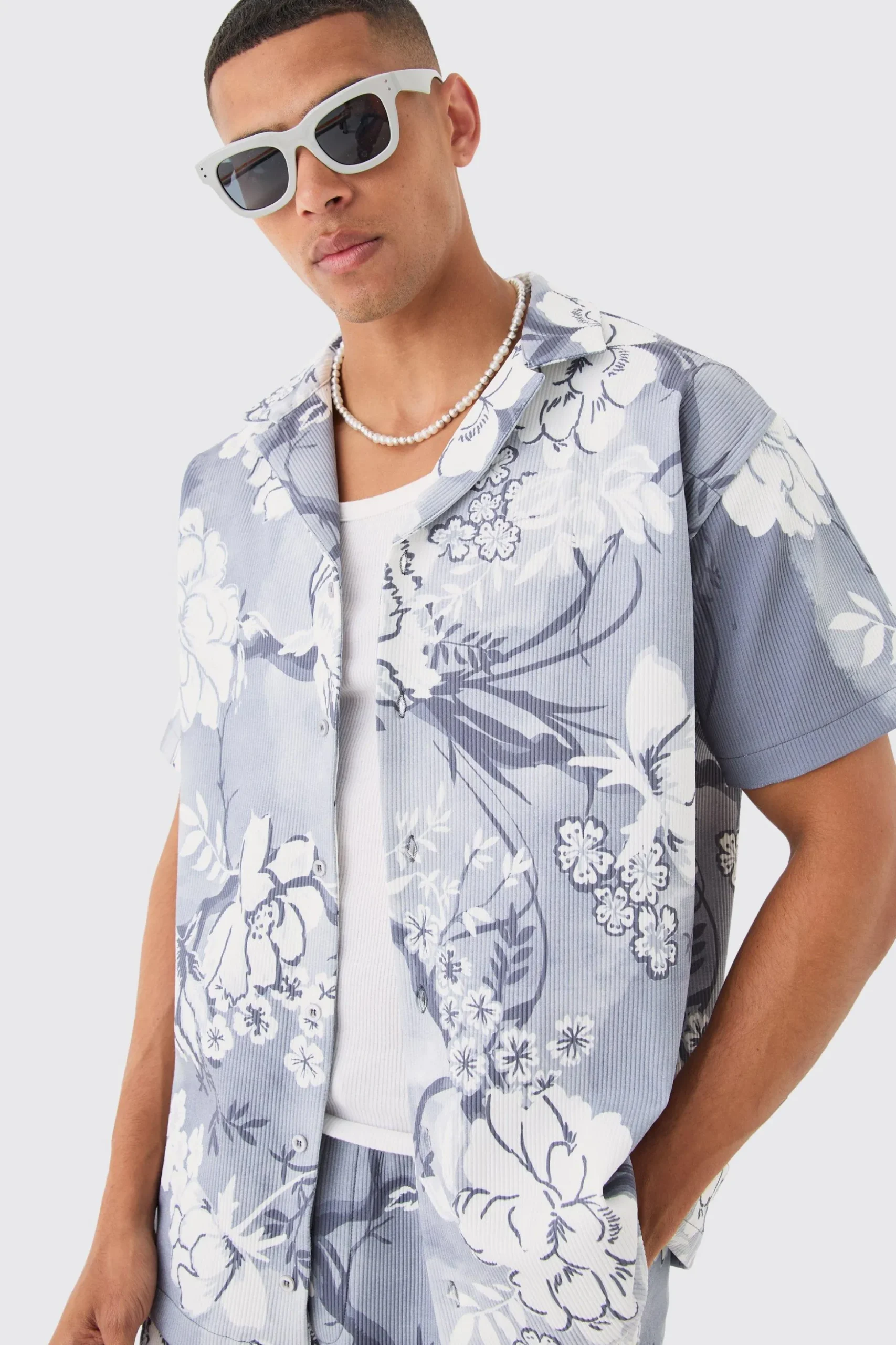 Oversized Floral Printed Pleated Shirt & Short Set | BoohooMAN UK