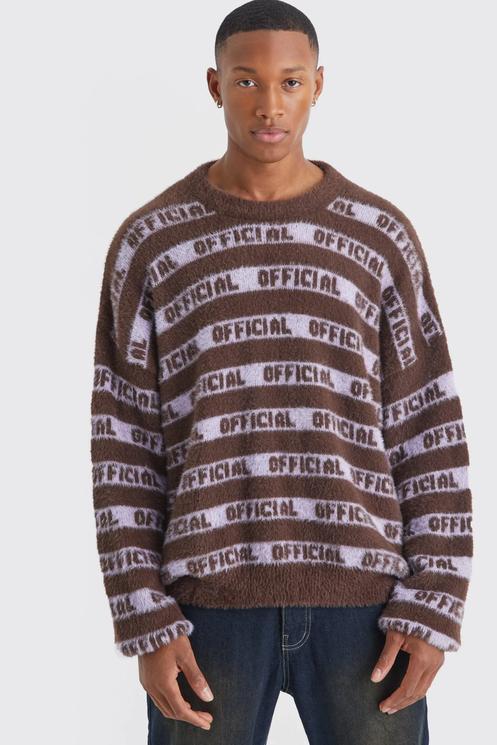 Oversized Fluffy Knitted Official Stripe Jumper | BoohooMAN UK