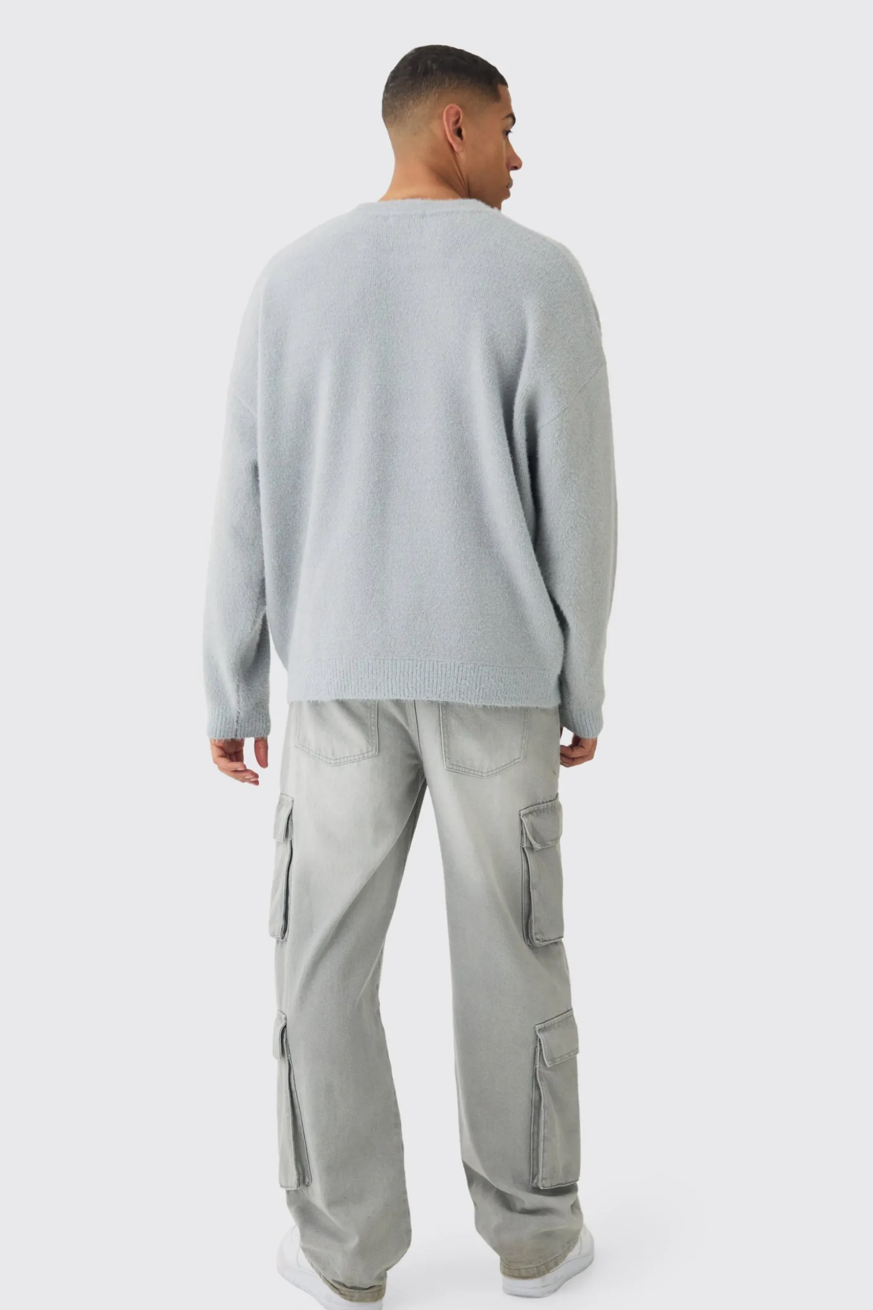 Oversized Fluffy Teddy Jumper In Grey | BoohooMAN UK