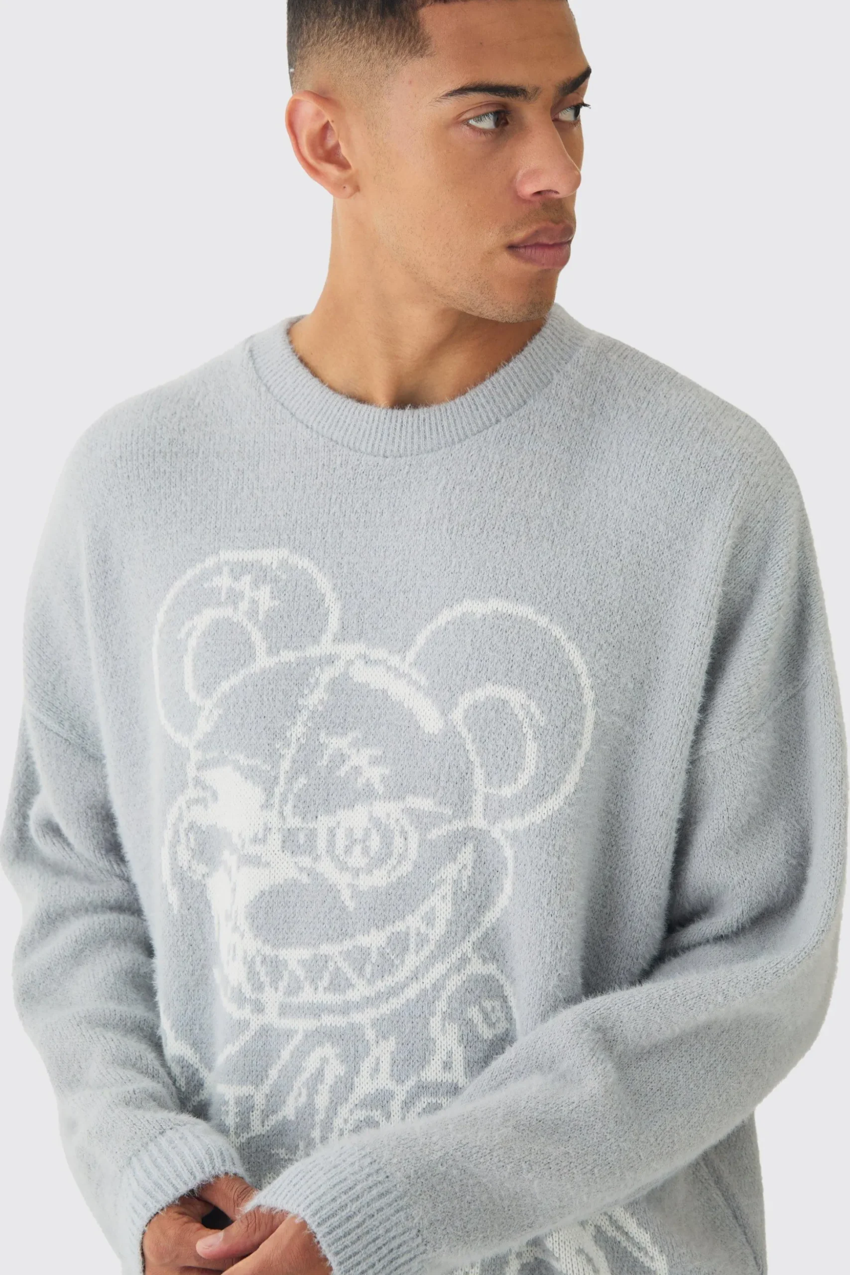 Oversized Fluffy Teddy Jumper In Grey | BoohooMAN UK