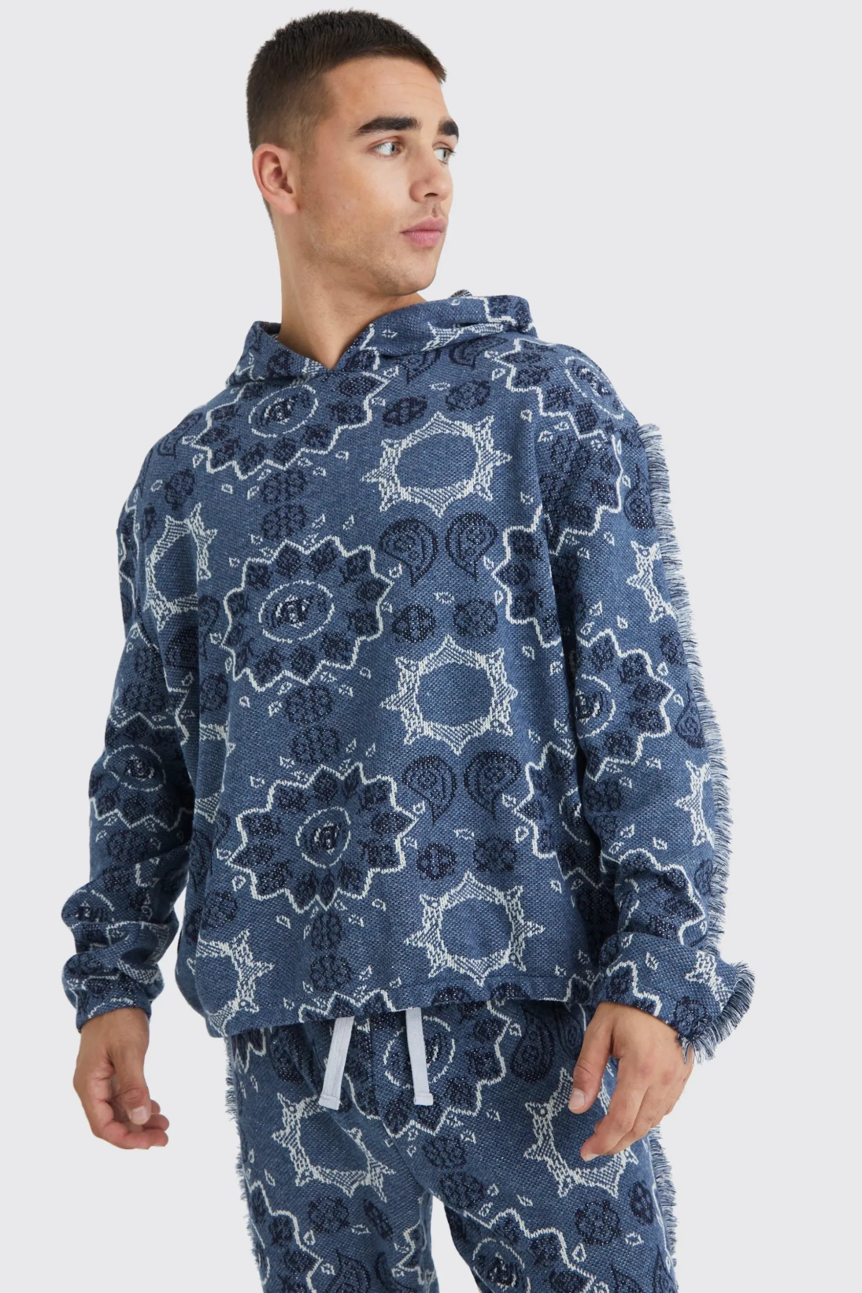 Oversized Fringed Heavyweight Jacquard Tapestry Hoodie | BoohooMAN UK