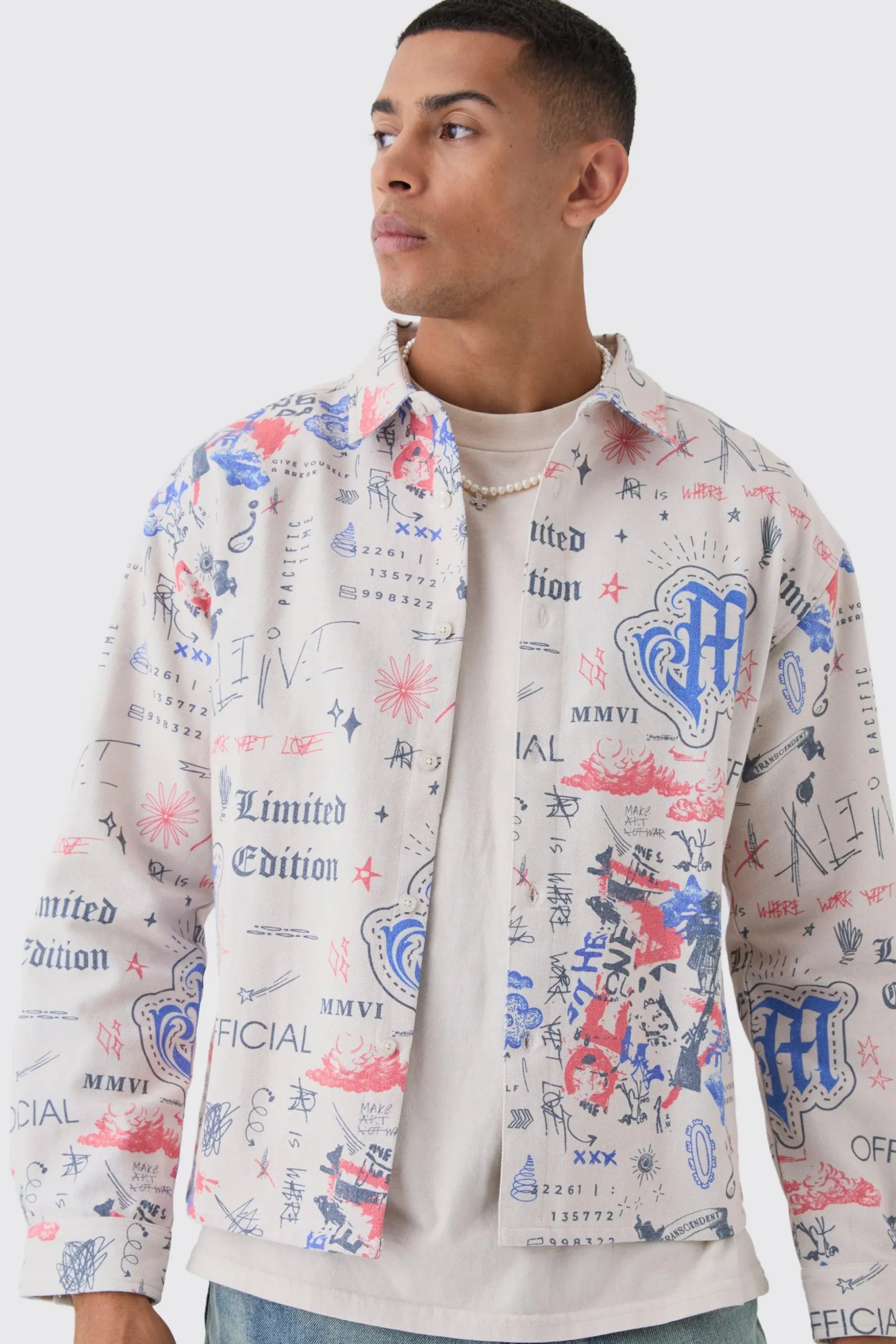 Oversized Graffiti Print Overshirt | BoohooMAN UK