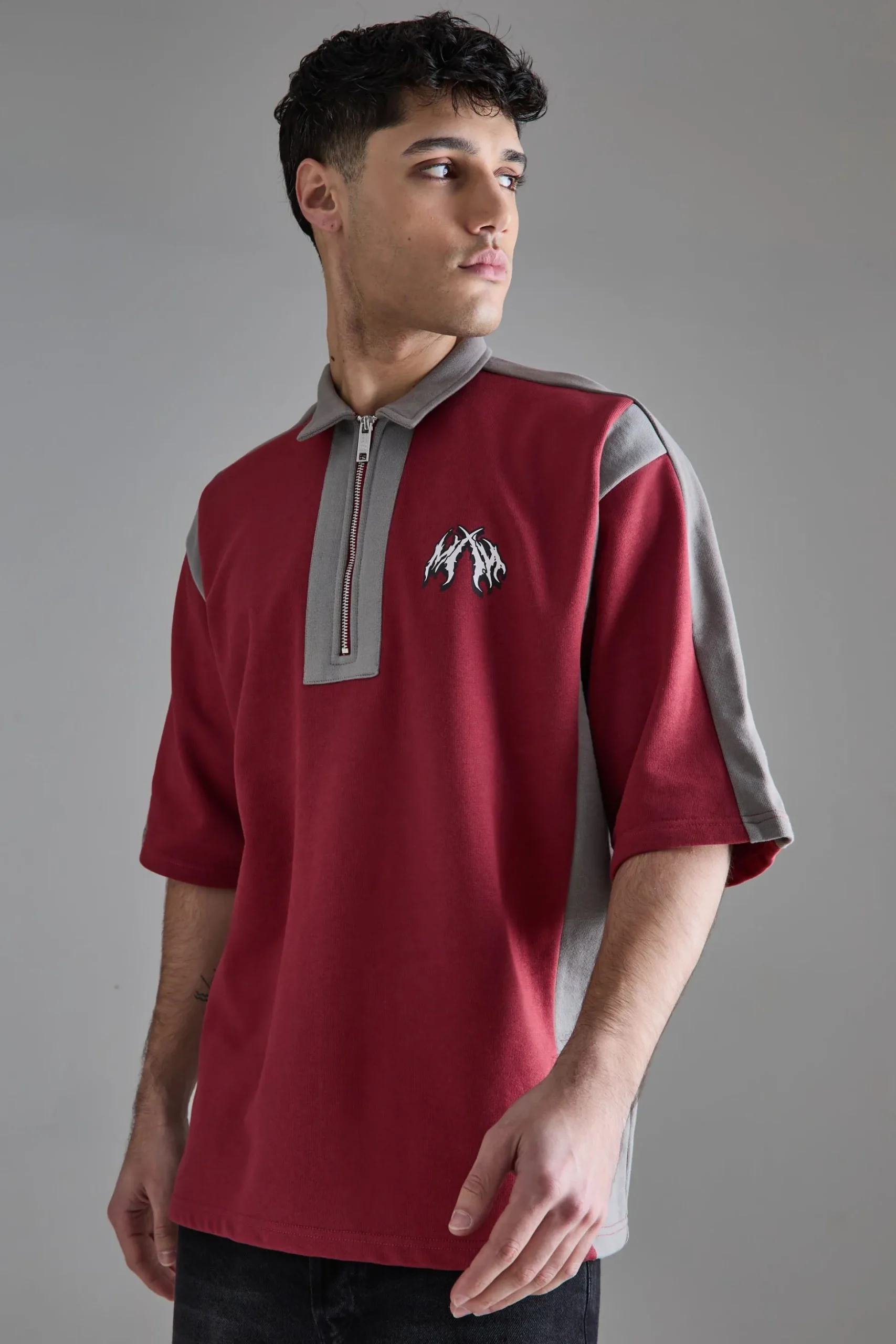 Oversized Half Sleeve Colour Block Sweat Polo | BoohooMAN UK