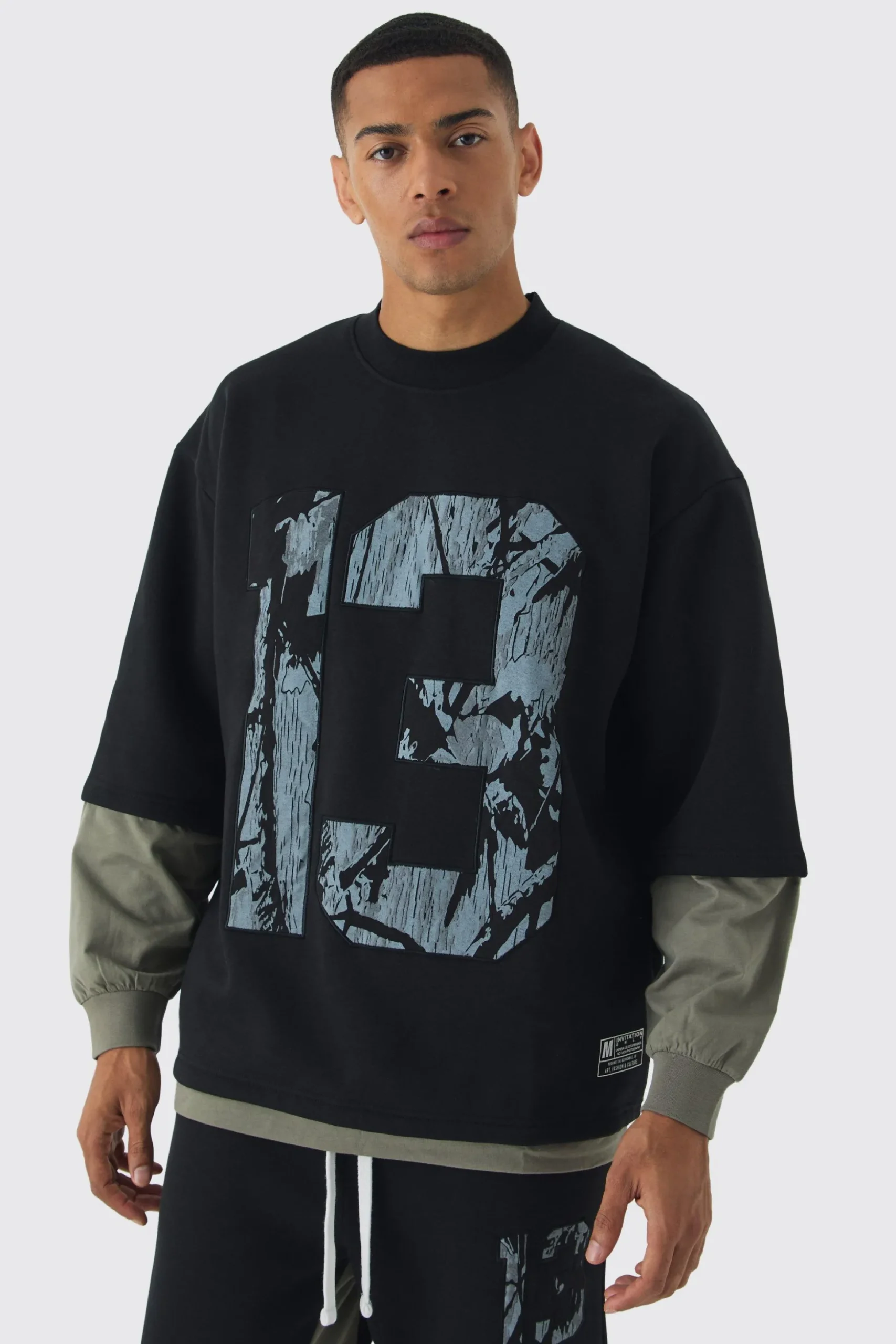 Oversized Half Sleeve Faux Layer 13 Applique Sweatshirt | BoohooMAN UK