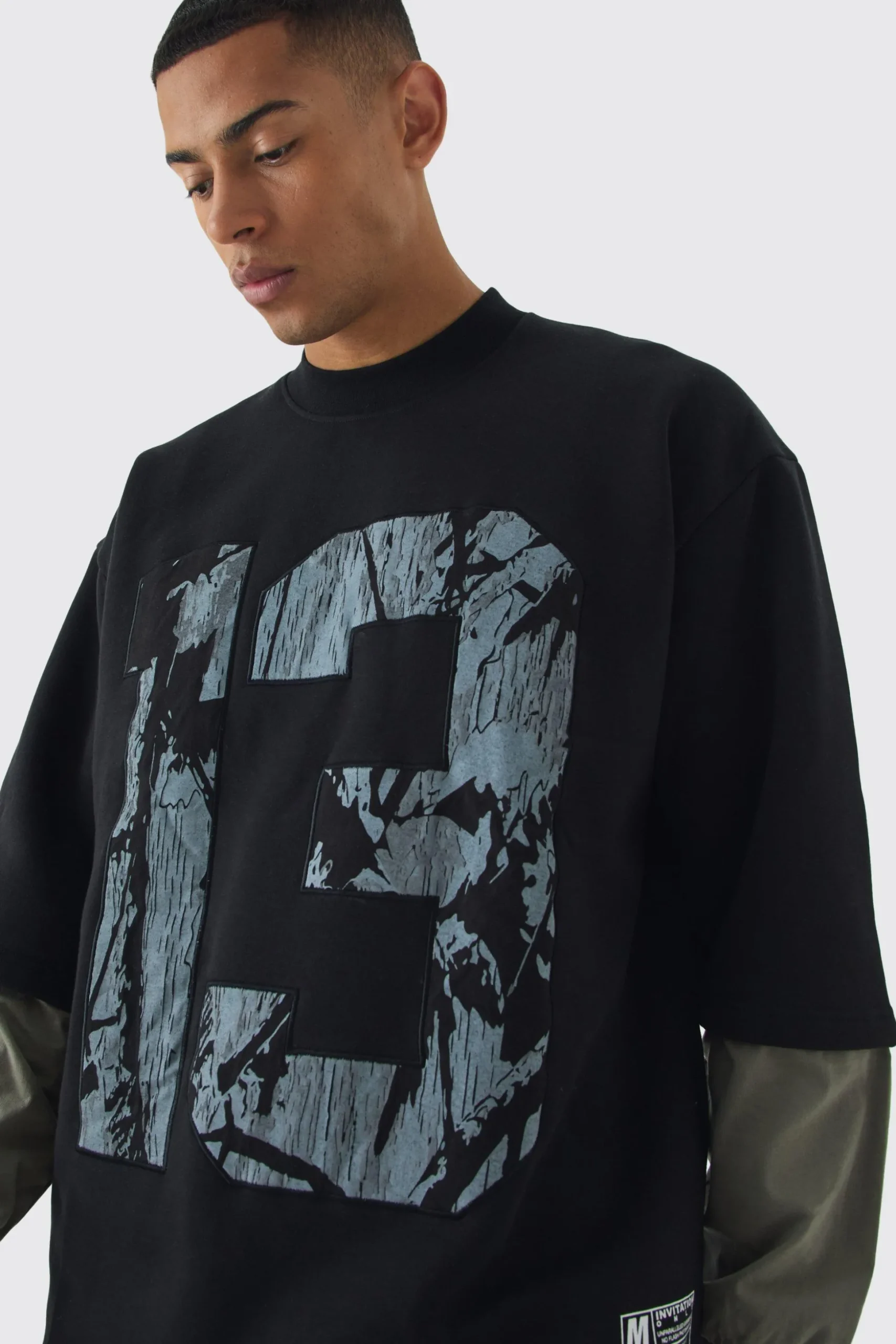 Oversized Half Sleeve Faux Layer 13 Applique Sweatshirt | BoohooMAN UK