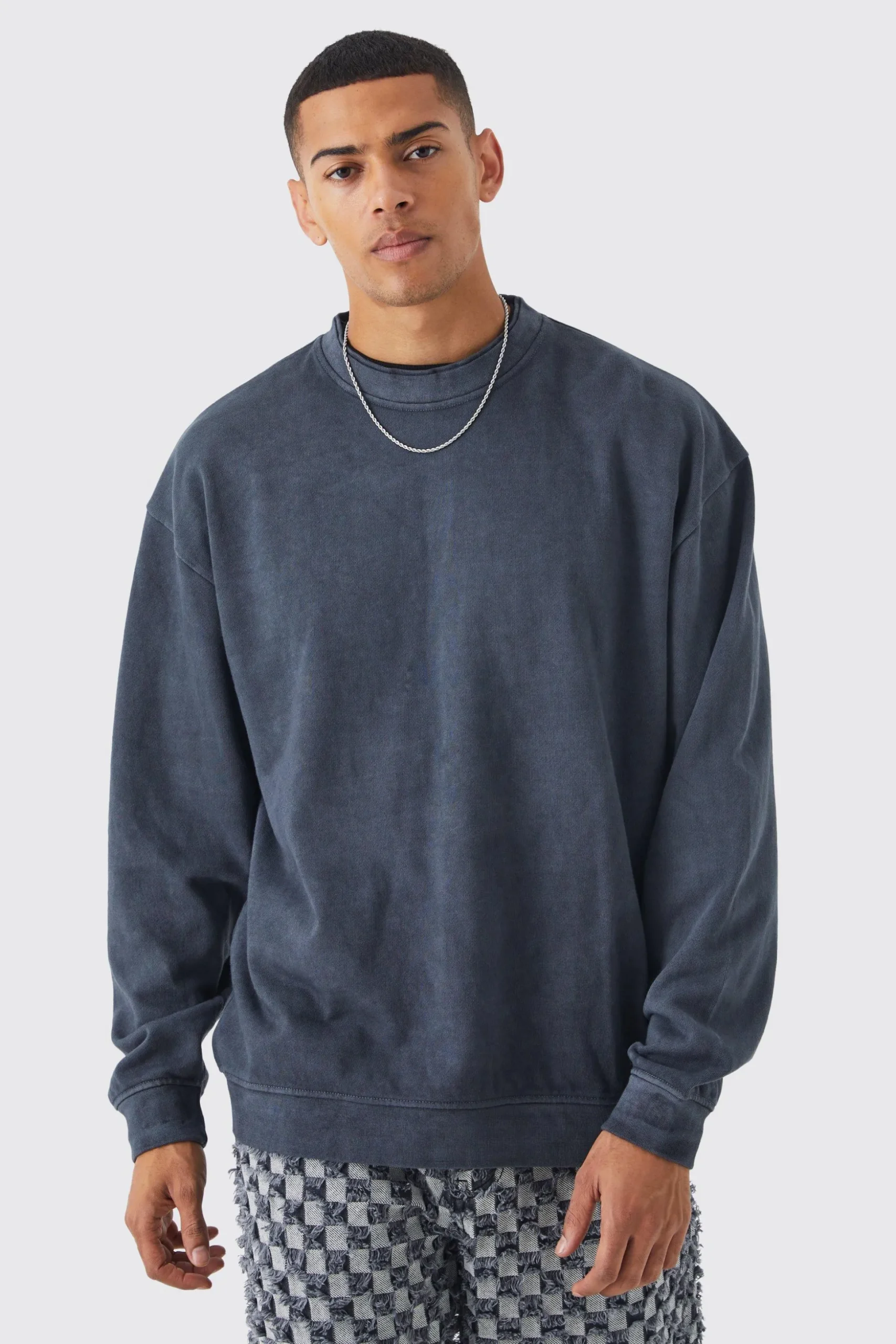 Oversized Heavy Washed Double Neck Sweatshirt | BoohooMAN UK