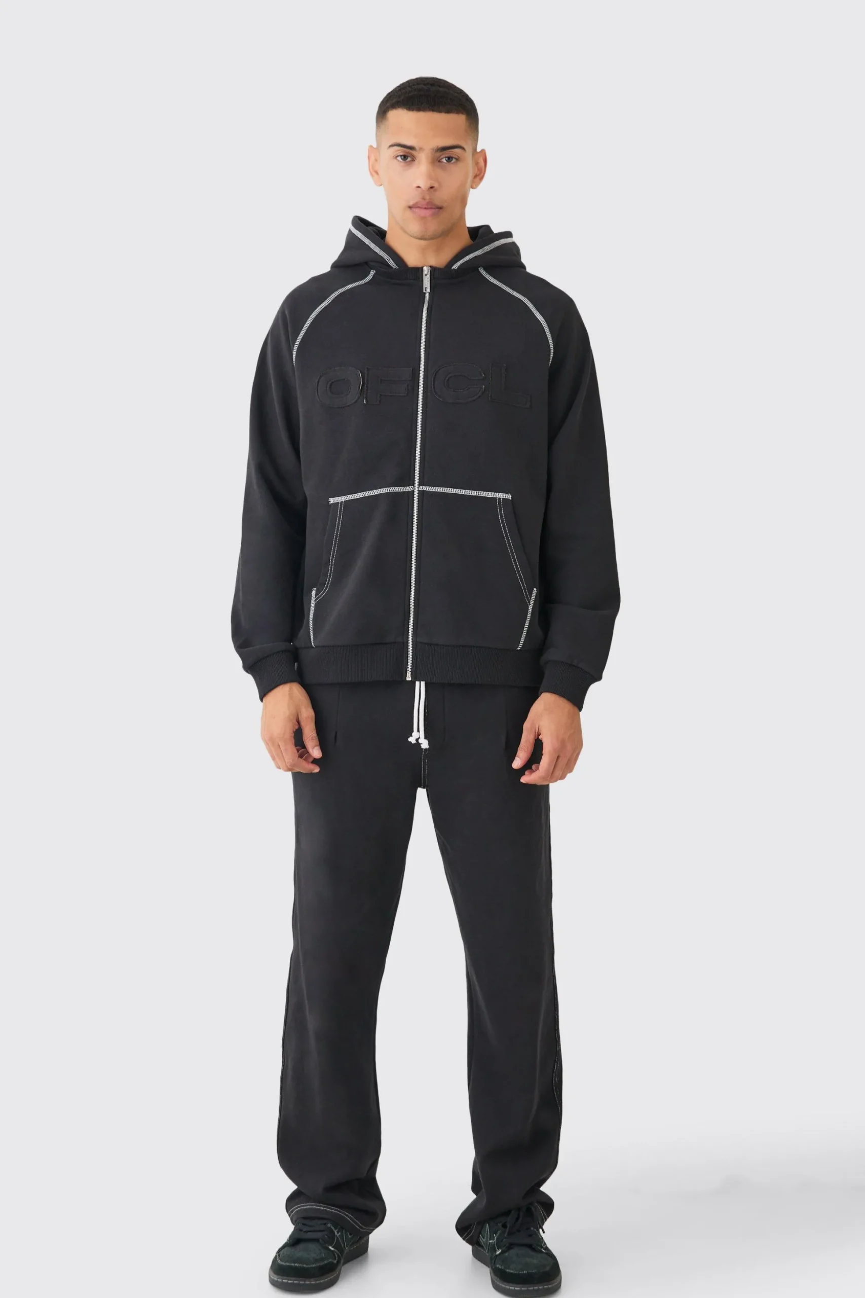 Oversized Heavyweight Applique Contrast Stitch Tracksuit | BoohooMAN UK