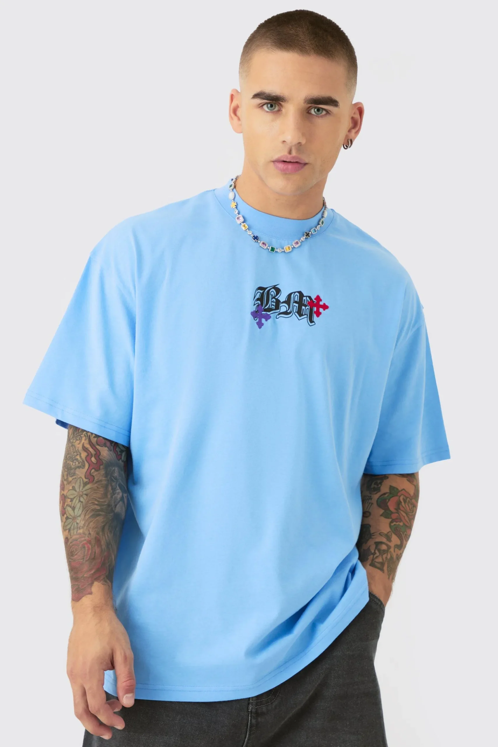Oversized Heavyweight BM Cross Embroidered T-shirt | BoohooMAN UK